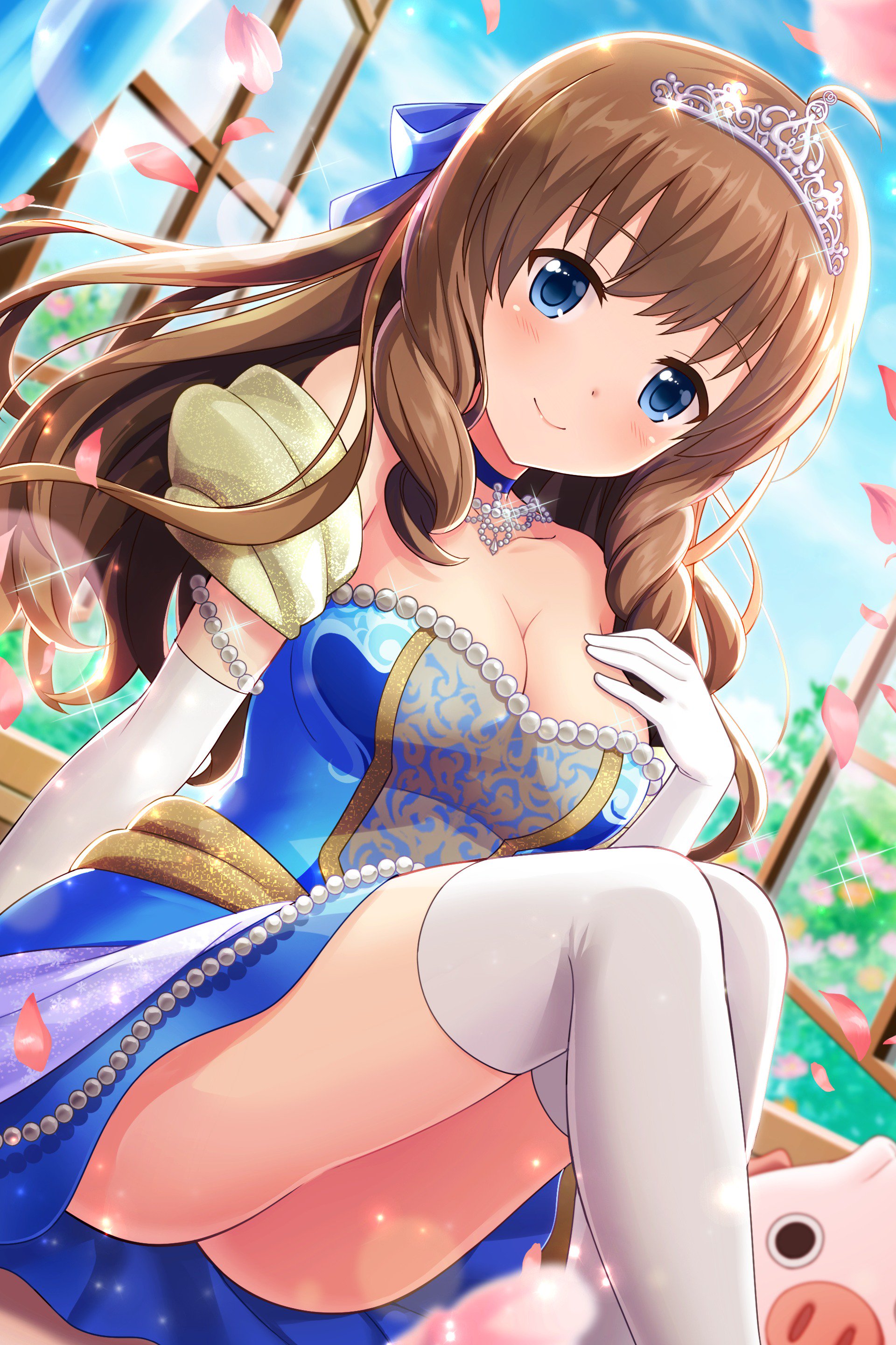 arimura shion, alternative girls, absurdres, commentary request, highres, official art, second-party source, 1girl, ahoge, blue bow, blue choker, blue dress, blue eyes, blue sky, blush, bow, breasts, brown hair, choker, cleavage, closed mouth, collarbone, day, dress, dutch angle, elbow gloves, falling petals, gloves, hair bow, hand on own chest, indoors, large breasts, lens flare, long hair, looking at viewer, nikuman buta, open window, petals, pink petals, sitting, sky, smile, solo, sparkle, strapless, strapless dress, string of pearls, thighhighs, thighs, tiara, white gloves, white thighhighs, window
