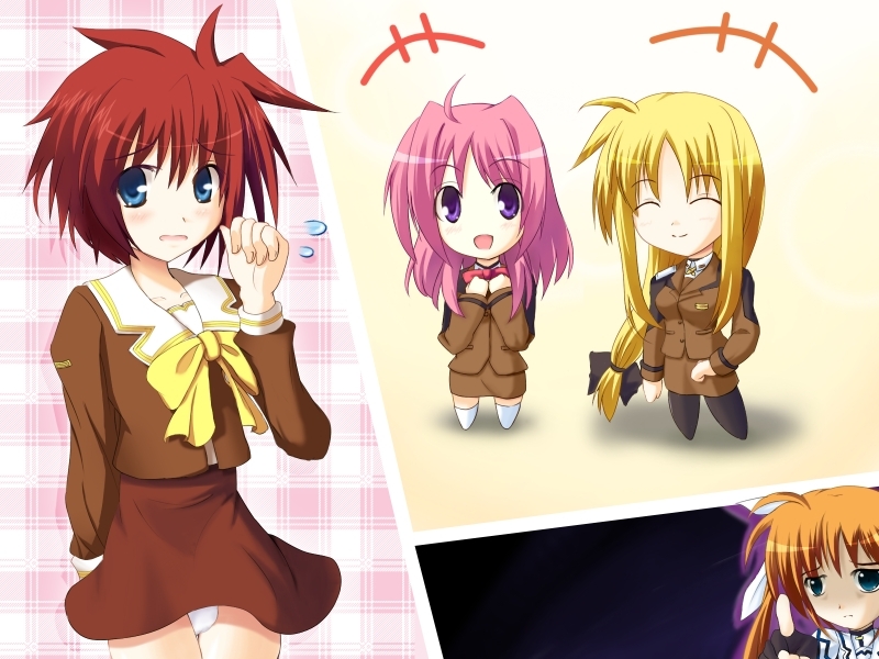 kokage, caro ru lushe, erio mondial, fate testarossa, takamachi nanoha, lyrical nanoha, mahou shoujo lyrical nanoha, mahou shoujo lyrical nanoha strikers, md5 mismatch, 00s, 1boy, 3girls, ahoge, blonde hair, brown hair, chibi, closed eyes, cool your head, crossdressing, fingerless gloves, gloves, long hair, low-tied long hair, magical girl, military, military uniform, multiple girls, panties, pink hair, purple eyes, red eyes, red hair, school uniform, short hair, trap, twintails, underwear