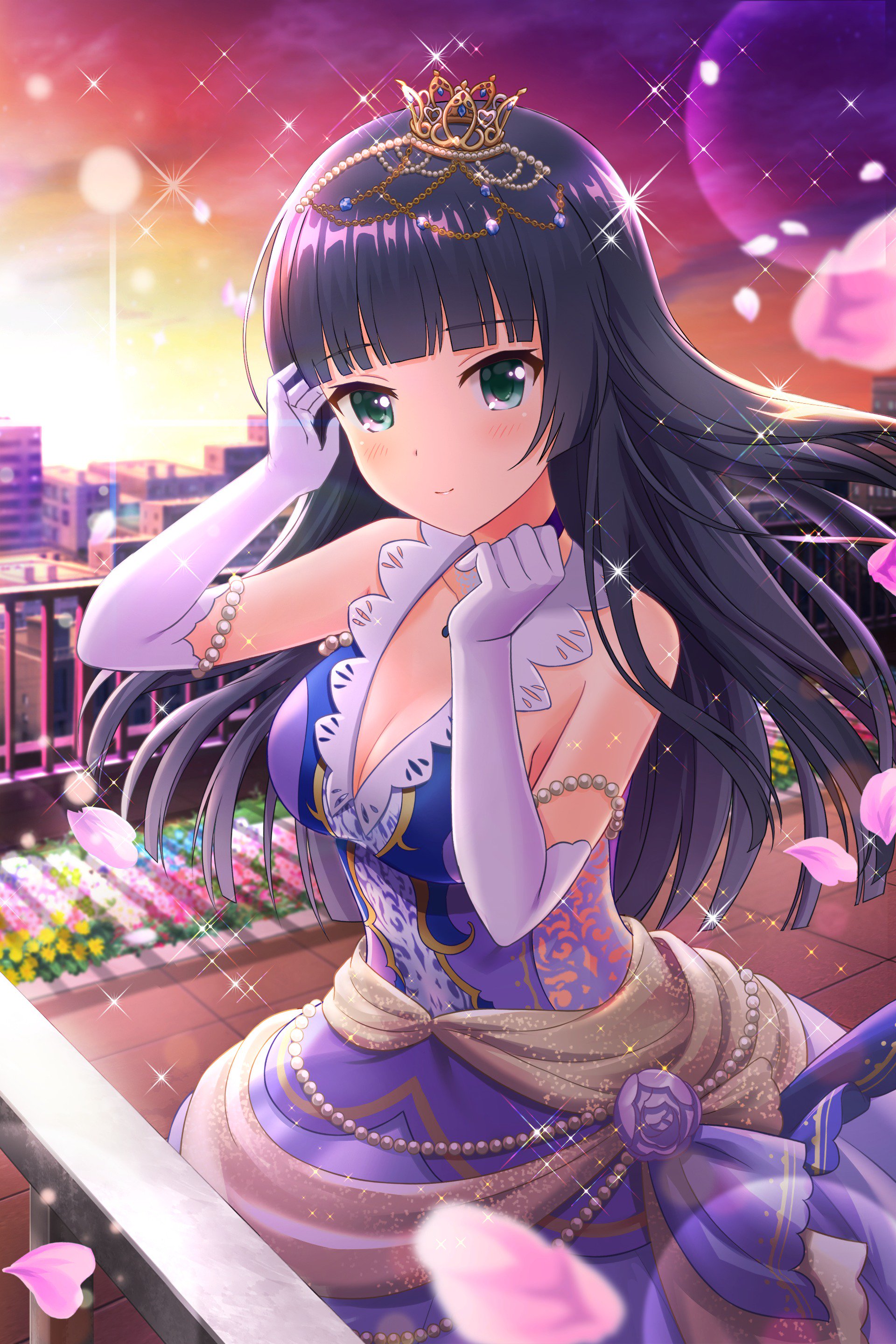 tendou machi, alternative girls, absurdres, commentary, highres, official art, second-party source, 1girl, bare shoulders, black hair, blue dress, blunt bangs, blush, breasts, cityscape, cleavage, closed mouth, cloud, crown, dress, elbow gloves, evening, falling petals, flower, gloves, gradient sky, green eyes, lens flare, long hair, looking at viewer, medium breasts, mini crown, orange sky, outdoors, petals, pink flower, pink petals, purple roseflower bed, purple sky, rooftop, sky, sleeveless, sleeveless dress, smile, solo, sparkle, straight hair, string of pearls, white gloves