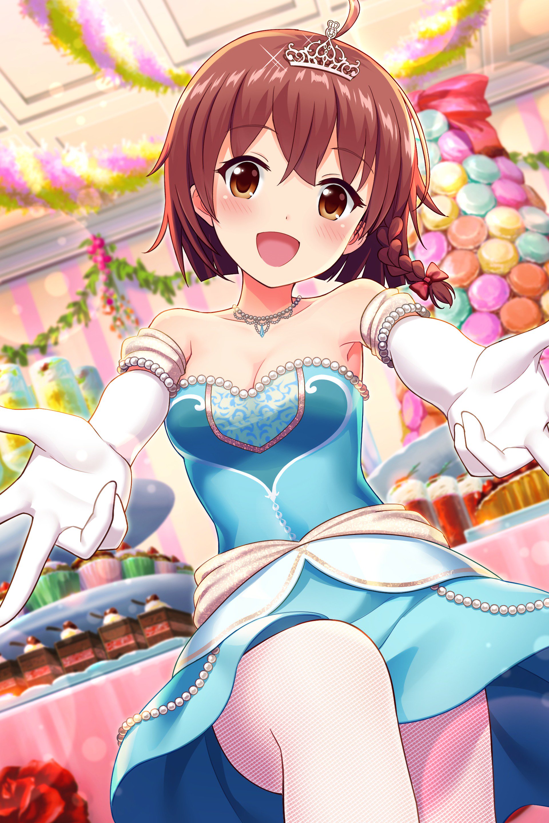 yuuki miyaka, alternative girls, absurdres, commentary request, highres, official art, second-party source, :d, ahoge, bare shoulders, blue dress, blurry, blurry background, blush, bow, braid, breasts, brown eyes, cake, cake slice, cleavage, collarbone, cupcake, dot nose, double w, dress, dutch angle, elbow gloves, fishnet pantyhose, fishnets, food, gloves, hair bow, indoors, jewelry, medium breasts, necklace, open mouth, outstretched arms, pantyhose, red bow, red hair, short braid, single braid, smile, strapless, strapless dress, string of pearls, table, tiered tray, tinsel, w, white gloves, white pantyhose