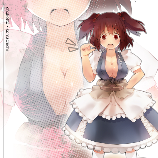 kaede (sayappa), sayappa, onozuka komachi, touhou, bad id, bad pixiv id, 1girl, blush, breasts, cleavage, female focus, halftone, large breasts, looking at viewer, open mouth, puffy short sleeves, puffy sleeves, short sleeves, solo, zoom layer