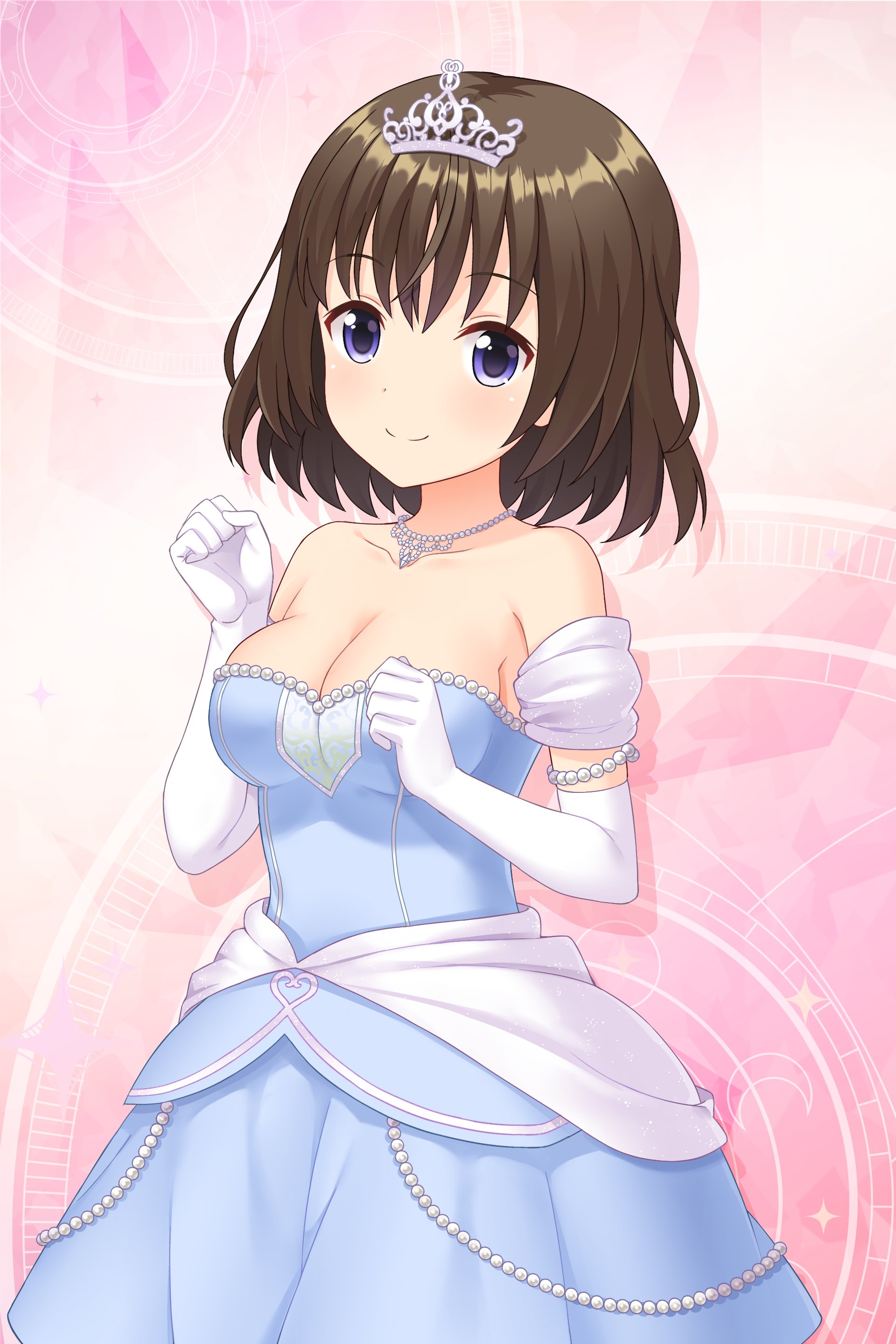 asahina nono, alternative girls, absurdres, commentary request, highres, official art, second-party source, 1girl, bare shoulders, blue dress, blush, breasts, brown hair, cleavage, clenched hands, closed mouth, cowboy shot, dot nose, dress, elbow gloves, gloves, hands up, large breasts, looking at viewer, pink background, purple eyes, short hair, smile, solo, strapless, strapless dress, string of pearls, tiara, white gloves
