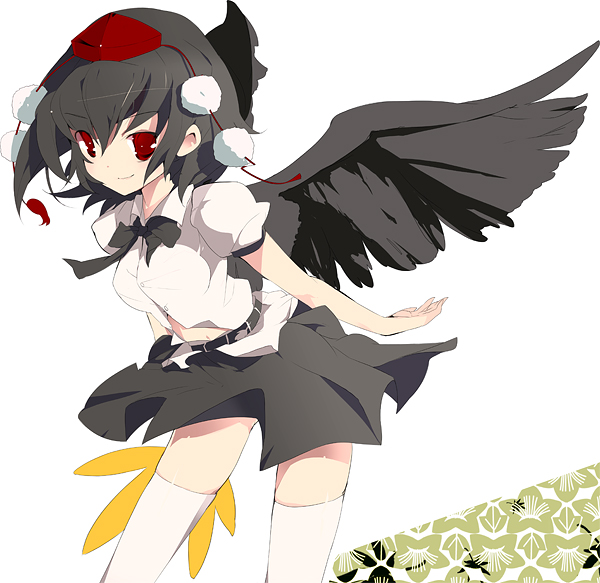 kaede (sayappa), sayappa, shameimaru aya, touhou, bad id, bad pixiv id, 1girl, black hair, black wings, female focus, hand fan, hat, looking at viewer, red eyes, smile, solo, thighhighs, tokin hat, wings, zettai ryouiki
