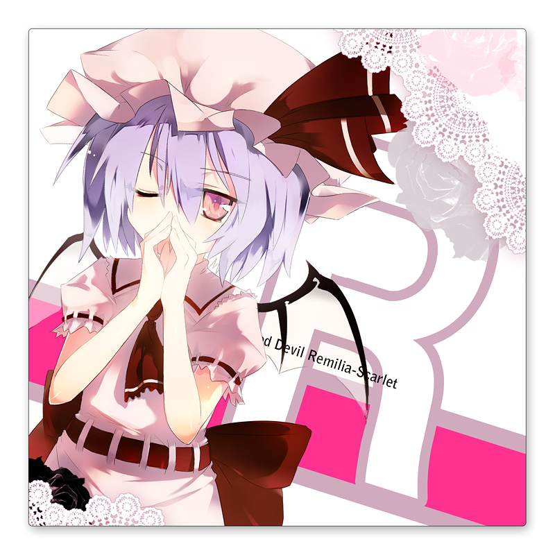 kaede (sayappa), sayappa, remilia scarlet, touhou, bad id, bad pixiv id, 1girl, female focus, hat, mob cap, one eye closed, solo, wink