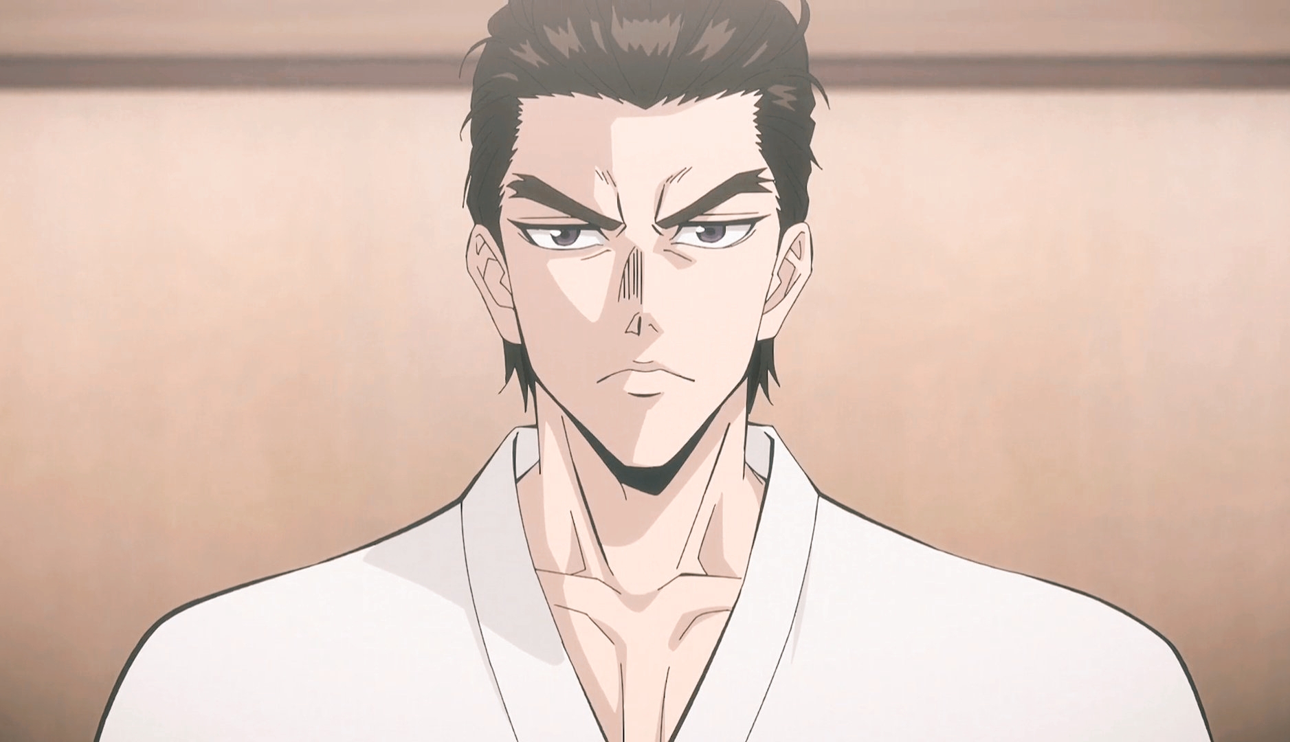ninja to gokudou, highres, 1boy, black eyes, black hair, komura kiwami, male focus, medium hair, ninja, serious, shirt, upper body, white shirt