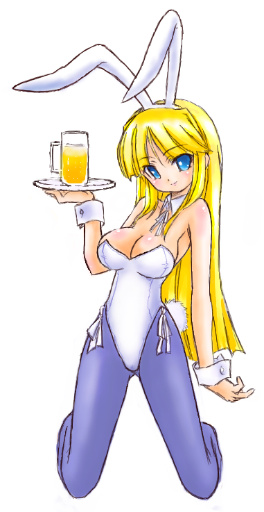 teiou netsuaimaru, alcohol, animal ears, beer, blonde hair, blue eyes, cup, fake animal ears, kneeling, long hair, mug, pantyhose, playboy bunny, rabbit ears, solo, tray