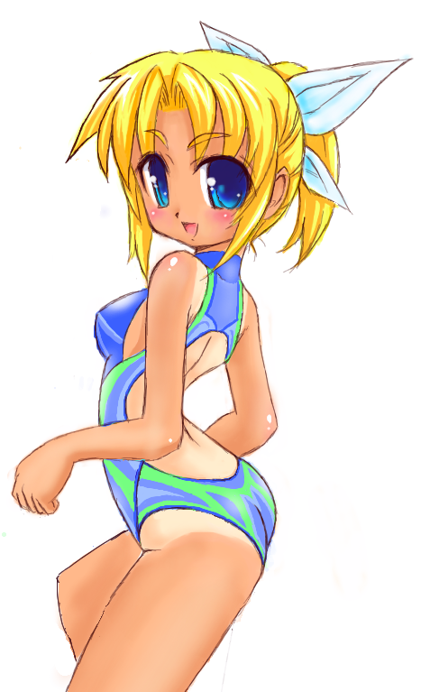 teiou netsuaimaru, miyauchi lemmy, to heart, to heart (series), 1girl, :d, blonde hair, blue eyes, blush, female focus, from side, halterneck, looking at viewer, one-piece swimsuit, one-piece tan, open mouth, ponytail, short hair, simple background, smile, solo, swimsuit, tan, tanline, turtleneck, white background
