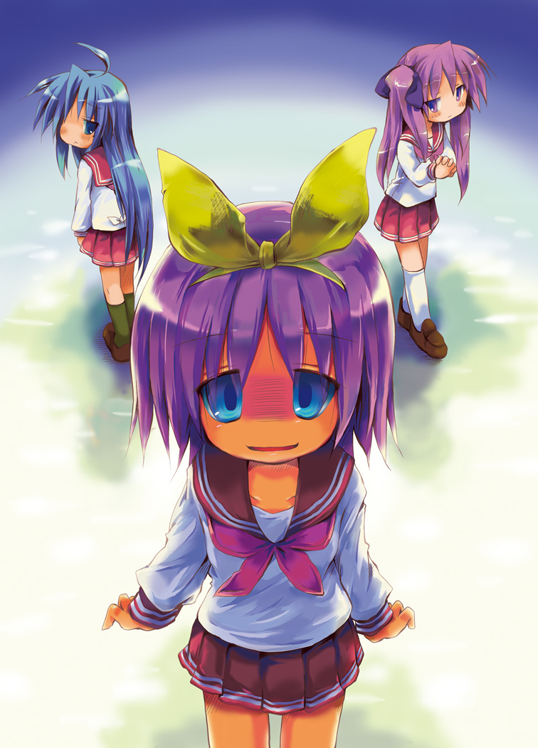 sakanaya nakasa, hiiragi kagami, hiiragi tsukasa, izumi konata, lucky star, 00s, 3girls, ahoge, blue eyes, hair ribbon, long hair, mole, mole under eye, multiple girls, purple hair, ribbon, school uniform, serafuku, short hair, siblings, sisters, standing, twins, twintails