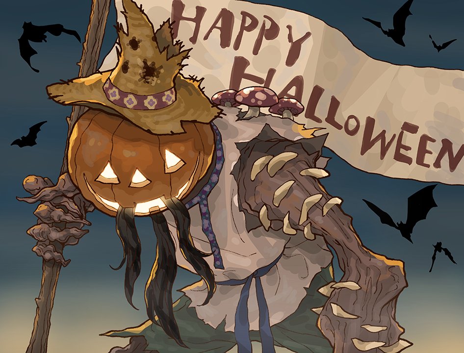 nobutaka hanya, bat (animal), flag, halloween, happy halloween, hat, holding, holding flag, jack-o'-lantern, monster, mushroom, penny blood, pumpkin, solo, straw hat