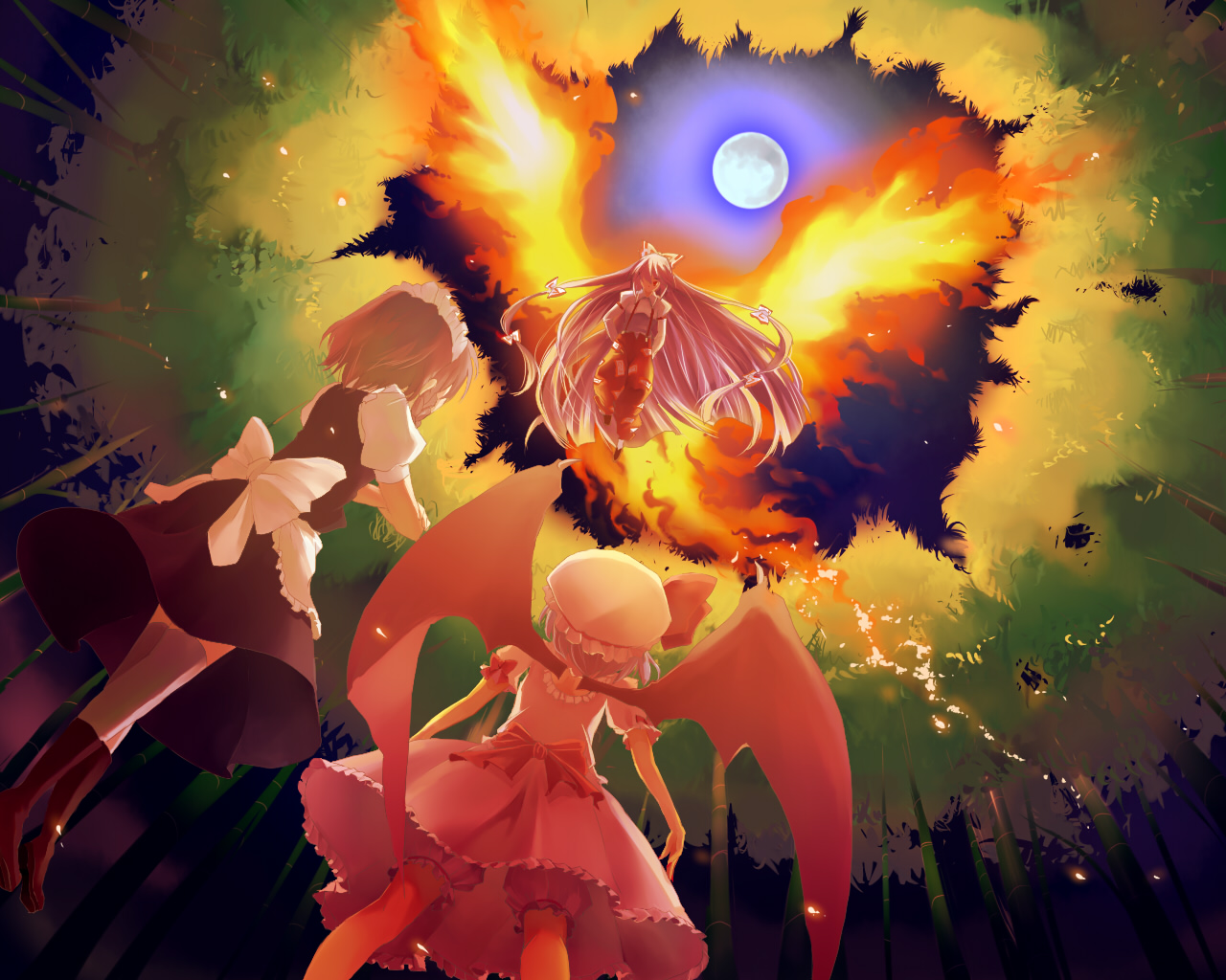 myaaco, fujiwara no mokou, izayoi sakuya, remilia scarlet, imperishable night, touhou, silver hair, 3girls, bat wings, blue hair, braid, female focus, fiery wings, fire, hair ribbon, hairband, hat, long hair, moon, multiple girls, red eyes, ribbon, short hair, wings