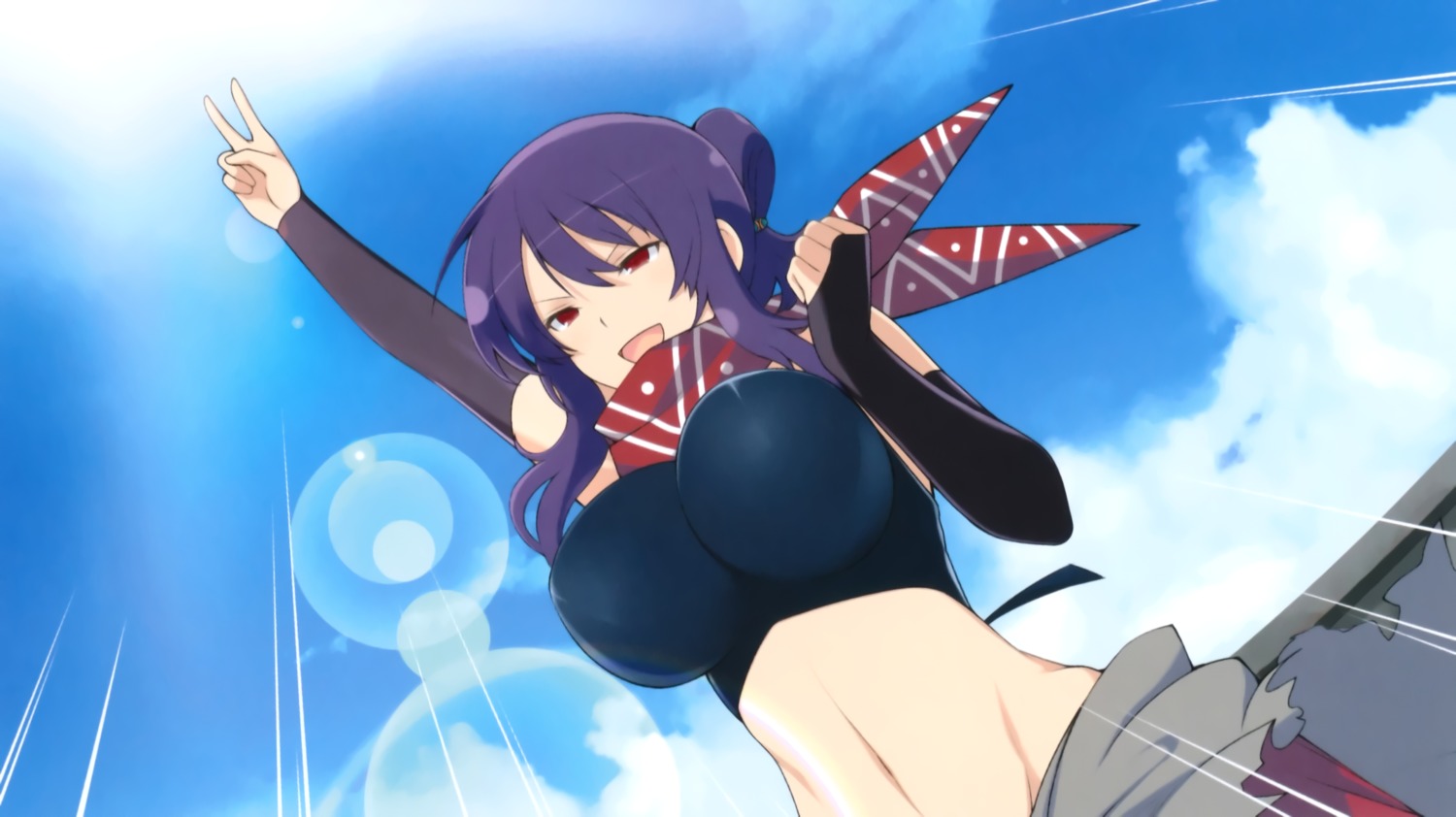yaegashi nan, rin (senran kagura), senran kagura, senran kagura burst, tagme, 1girl, breasts, large breasts, midriff, purple hair, red eyes