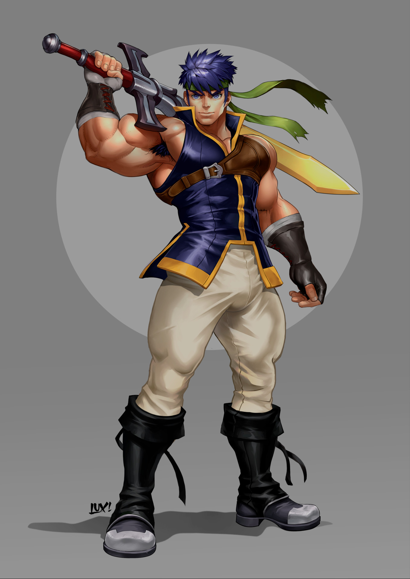 henry partum, ike (fire emblem), fire emblem, fire emblem: radiant dawn, nintendo, commentary, highres, 1boy, armpit hair, bara, biceps, blue eyes, blue hair, closed mouth, full body, green headband, headband, holding, holding sword, holding weapon, lips, male focus, muscular, muscular male, over shoulder, short hair, solo, standing, sword, sword over shoulder, weapon, weapon over shoulder