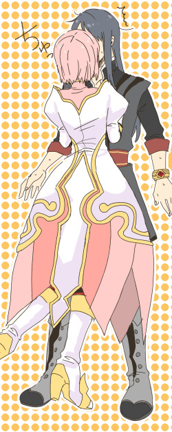 shichiko (labi), estellise sidos heurassein, yuri lowell, tales of (series), tales of vesperia, grey footwear, bad id, bad pixiv id, 00s, 1boy, 1girl, boots, bracelet, couple, gloves, green eyes, hetero, jewelry, kiss, knee boots, long hair, pink hair, purple hair, short hair