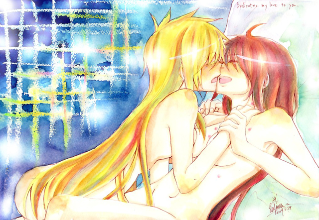 fate testarossa, takamachi nanoha, lyrical nanoha, mahou shoujo lyrical nanoha, 00s, 2girls, blonde hair, brown hair, kiss, long hair, multiple girls, nude, very long hair, yuri