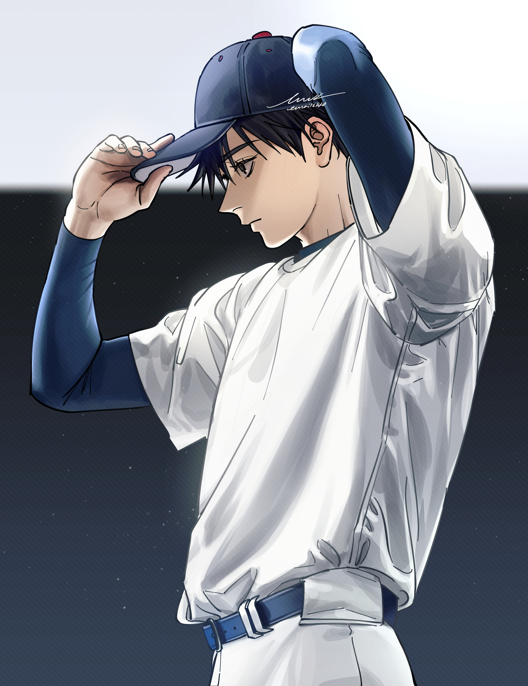 email2140, fushiguro megumi, jujutsu kaisen, commentary request, highres, korean commentary, 1boy, adjusting clothes, adjusting headwear, baseball cap, baseball uniform, belt, black hair, blue belt, closed mouth, compression sleeve, fingernails, from side, hat, male focus, pants, short hair, signature, solo, sportswear, white pants