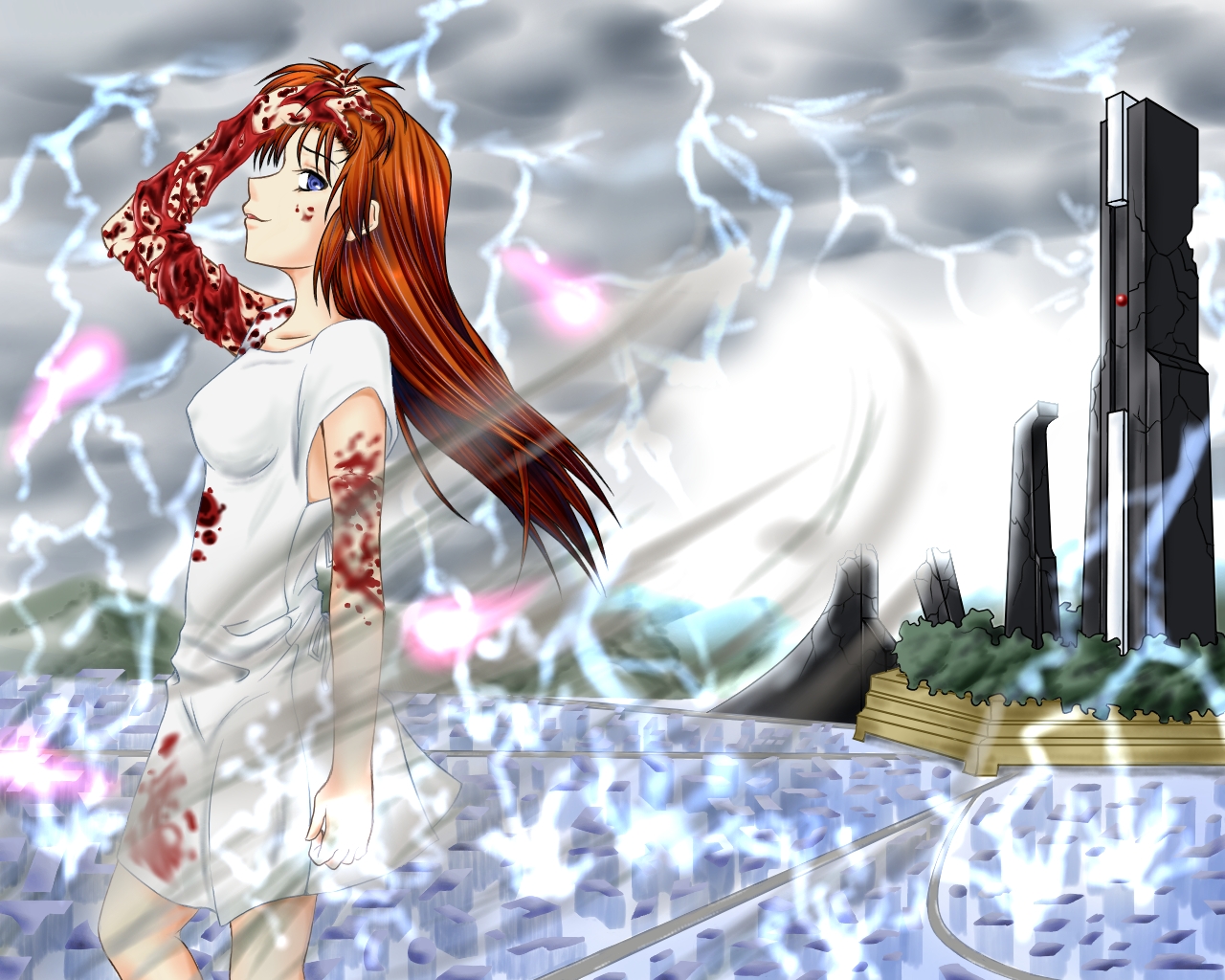 shizen sora, takamachi nanoha, lyrical nanoha, mahou shoujo lyrical nanoha, 00s, blood, brown hair, long hair, solo