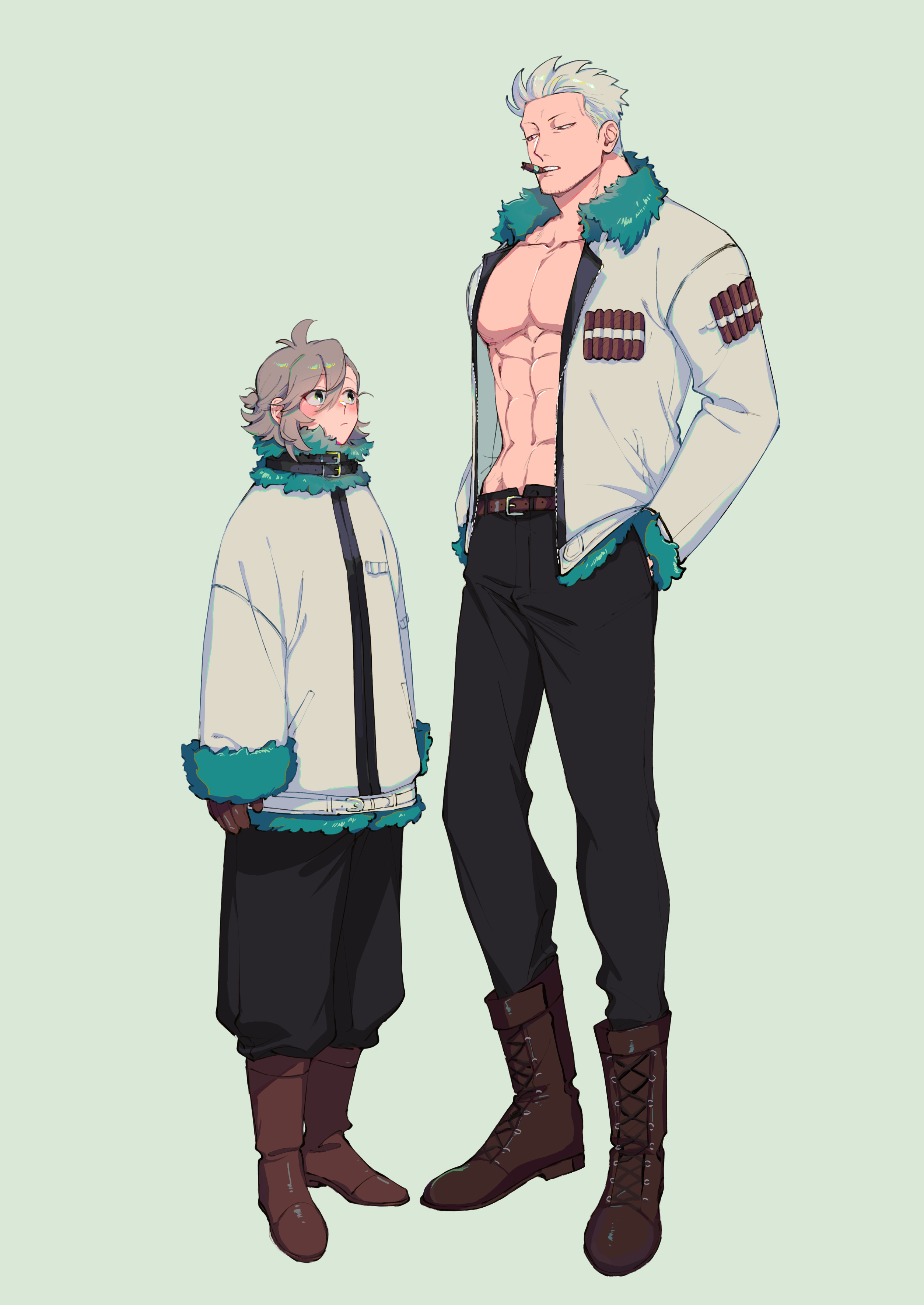 kabane (rjev8385), smoker (one piece), one piece, original, absurdres, commentary request, highres, 1boy, 1girl, abs, antenna hair, arms at sides, baggy pants, belt, belt buckle, black belt, black pants, boots, brown belt, brown boots, brown eyes, brown gloves, buckle, cigar, closed mouth, full body, fur-trimmed jacket, fur-trimmed sleeves, fur trim, gloves, green background, green eyes, grey hair, hair between eyes, hands in pockets, height difference, jacket, lace-up, long sleeves, looking at viewer, matching outfits, mouth hold, muscular, muscular male, no shirt, oc x canon, open clothes, open jacket, pants, pectorals, ponytail, short ponytail, sleeves past wrists, standing, swept bangs, unzipped, white hair, white jacket