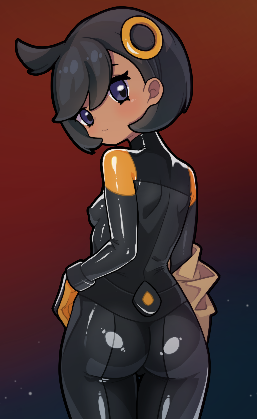 mwm5, emma (pokemon), nintendo, pokemon, pokemon legends: z-a, commentary request, highres, 1girl, ass, black bodysuit, black hair, bodysuit, breasts, closed mouth, cowlick, eyelashes, from behind, grey eyes, looking back, red background, ring hair ornament, short hair, shoulder blades, skin tight, solo