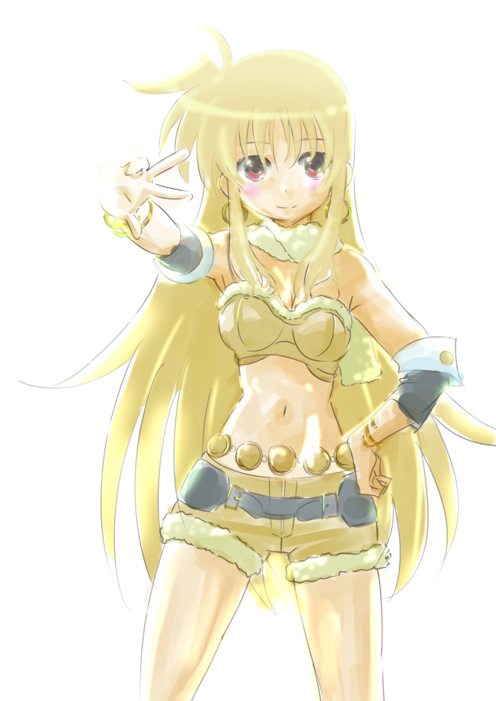fate testarossa, hoshii miki, idolmaster, idolmaster (classic), idolmaster 1, lyrical nanoha, mahou shoujo lyrical nanoha, 1girl, blonde hair, breasts, cosplay, female focus, hand on own hip, hoshii miki (cosplay), long hair, parody, red eyes, simple background, solo
