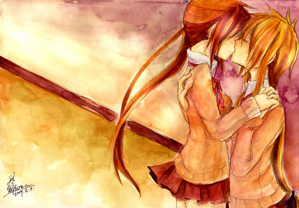 fate testarossa, takamachi nanoha, lyrical nanoha, mahou shoujo lyrical nanoha, 00s, 2girls, blonde hair, kiss, long hair, multiple girls, orange shirt, school uniform, shirt, yuri