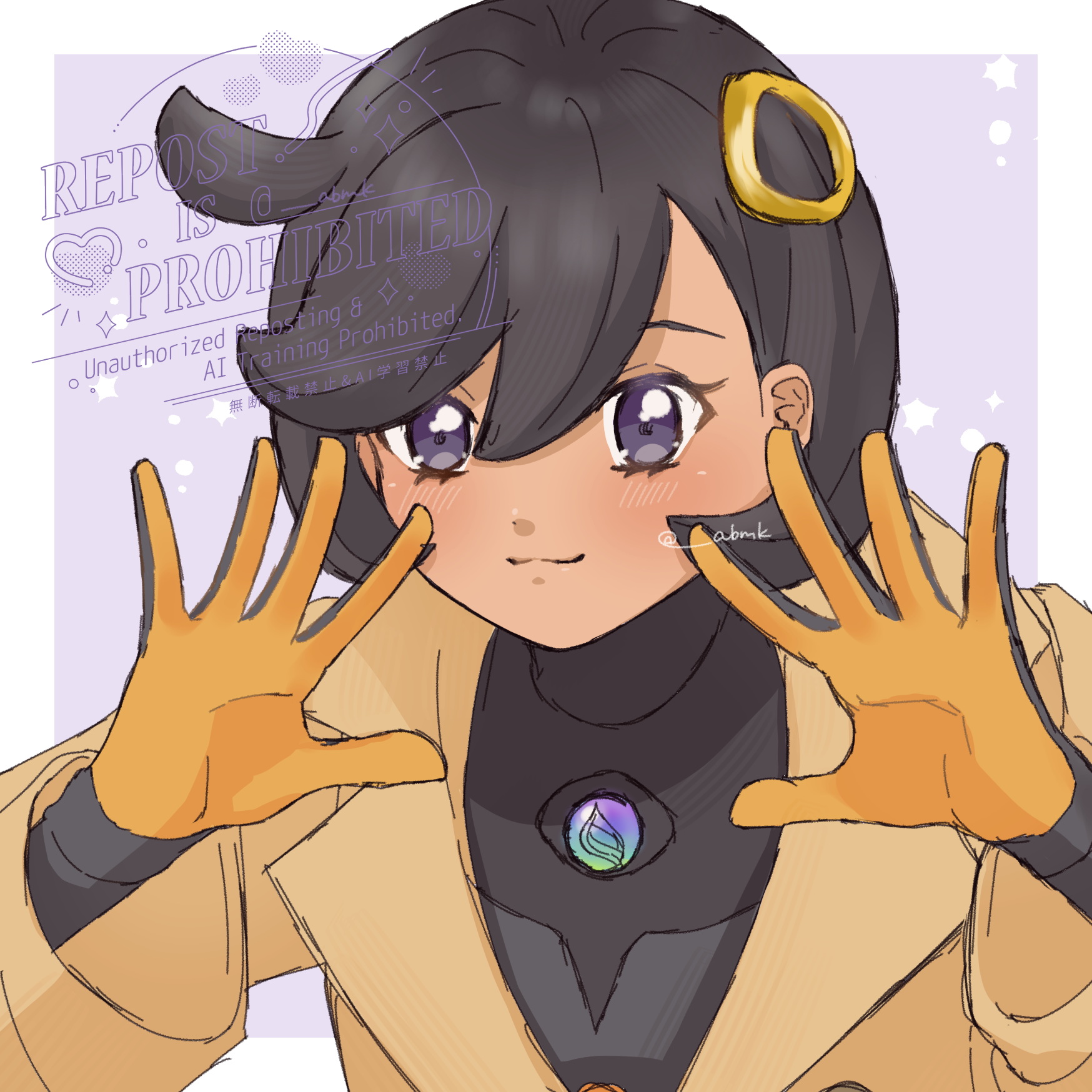 emma (pokemon), nintendo, pokemon, pokemon legends: z-a, commentary request, highres, 1girl, abemakitime, black bodysuit, black hair, bodysuit, closed mouth, collared jacket, gloves, grey background, hands up, jacket, light blush, long sleeves, ring hair ornament, short hair, smile, solo, spread fingers, twitter username, watermark, yellow jacket