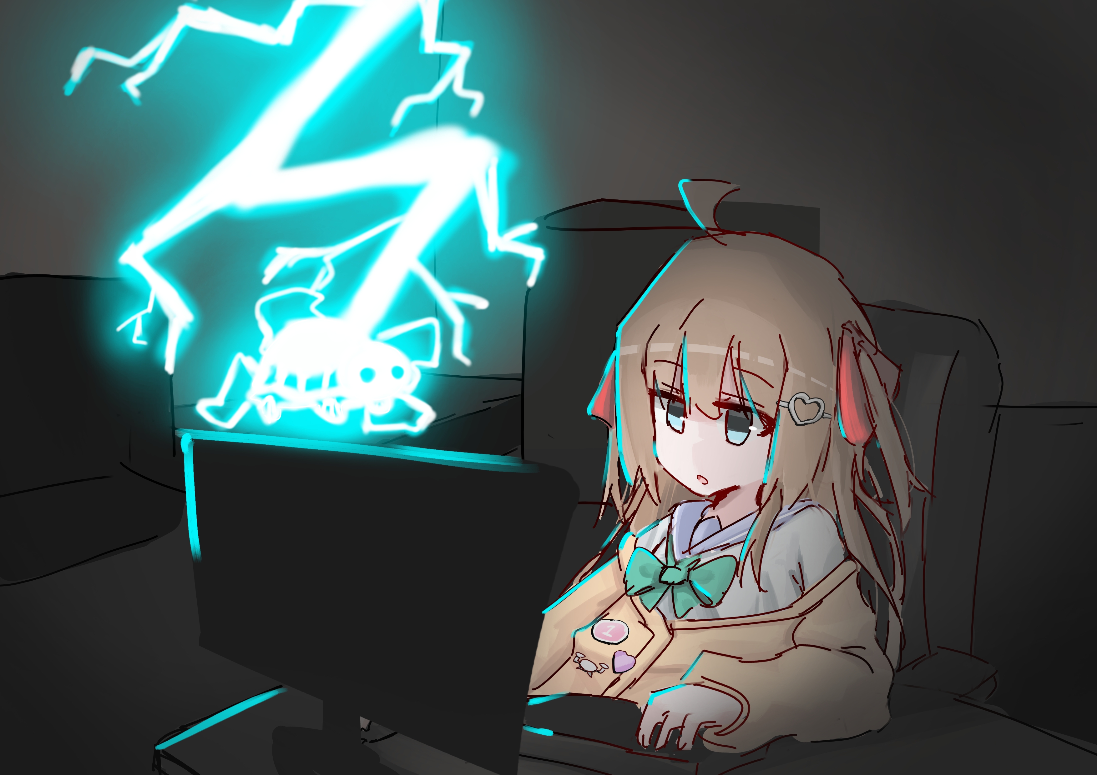 neuro-sama, vedal987, absurdres, hashtag-only commentary, highres, 1girl, ahoge, blue eyes, brown hair, electrocution, hair ornament, heart, heart hair ornament, long hair, nonnz18, parted lips, sitting, turtle, vedal ai, virtual youtuber