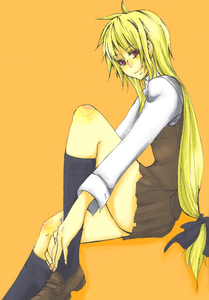 fate testarossa, lyrical nanoha, mahou shoujo lyrical nanoha, 00s, 1girl, blonde hair, female focus, long hair, low-tied long hair, orange background, red eyes, school uniform, solo