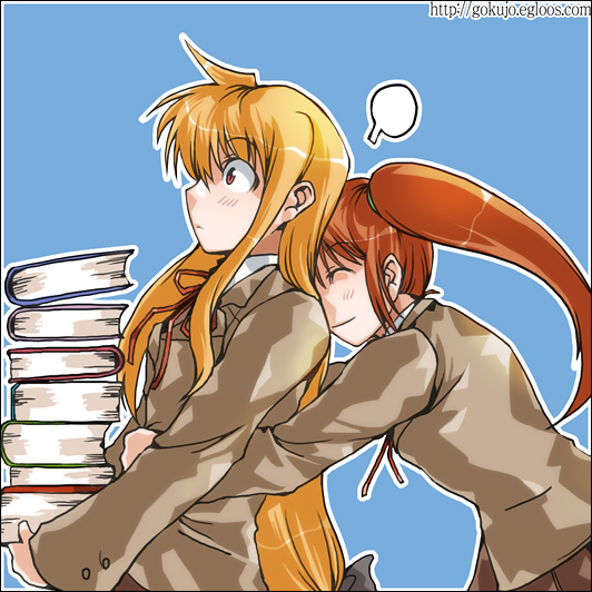 clipe, fate testarossa, takamachi nanoha, lyrical nanoha, mahou shoujo lyrical nanoha, 00s, blonde hair, book, brown hair, hug, long hair