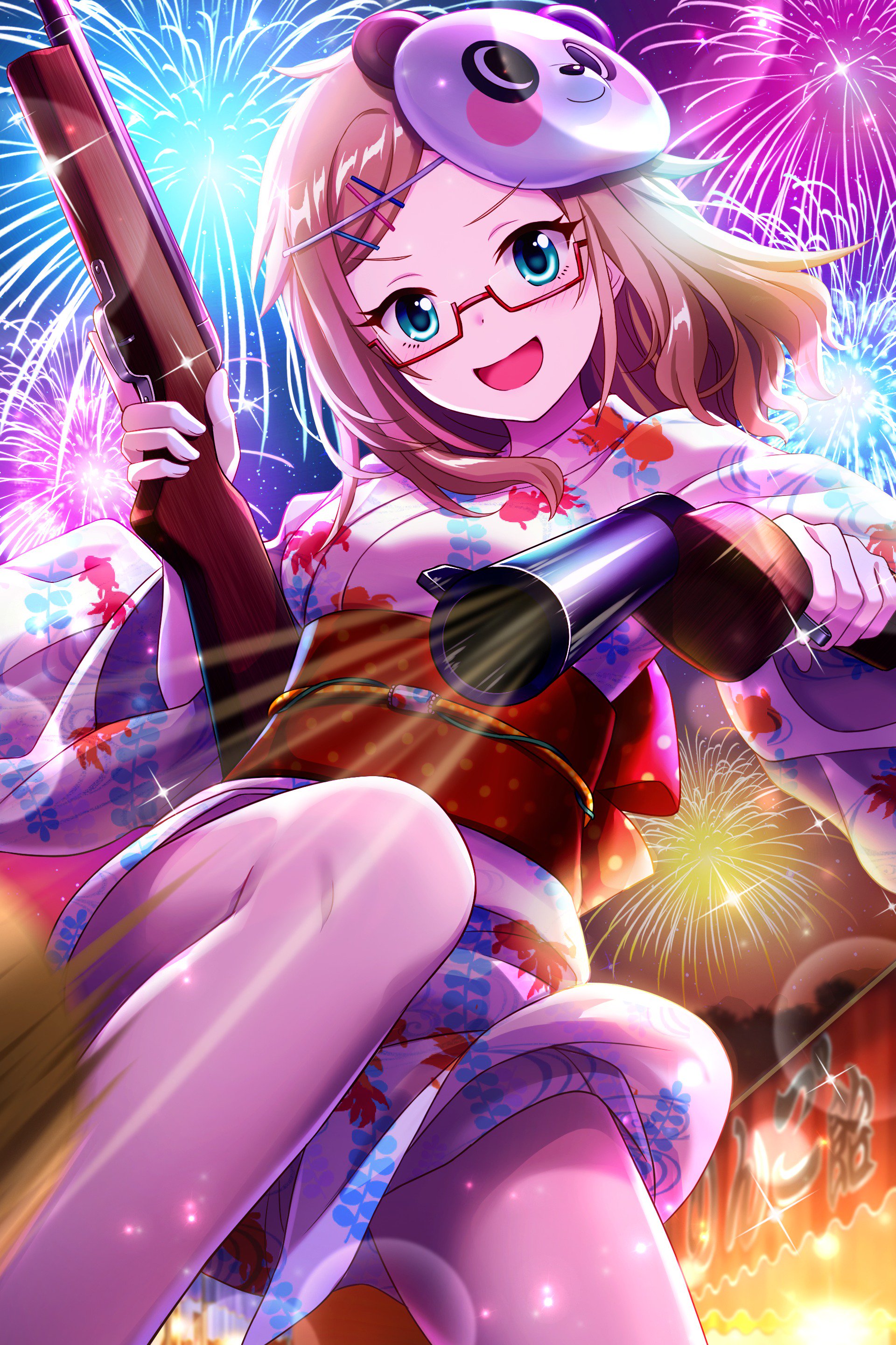 ukata, nakata natalie, alternative girls, absurdres, commentary request, highres, official art, second-party source, 1girl, :d, aerial fireworks, aqua eyes, blonde hair, blush, breasts, cork gun, dot nose, dual wielding, fireworks, firing, floral print, floral print kimono, glasses, gun, hair ornament, hairclip, handgun, holding, holding gun, holding weapon, japanese clothes, kimono, legs, lens flare, looking at viewer, mask, mask on head, medium breasts, medium hair, motion blur, night, night sky, obi, open mouth, outdoors, panda mask, pink kimono, print kimono, rectangular eyewear, red-framed eyewear, red sash, rifle, sash, semi-rimless eyewear, sky, smile, solo, sparkle, star (sky), starry sky, summer festival, under-rim eyewear, weapon