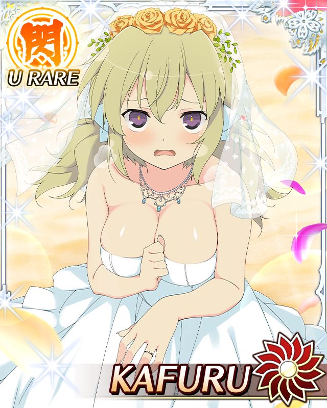 kafuru (senran kagura), senran kagura, senran kagura new wave, game cg, non-web source, official art, 1girl, blonde hair, blush, breasts, bridal veil, bride, card (medium), cleavage, dress, jewelry, low twintails, medium breasts, official alternate costume, open mouth, outstretched hand, petals, purple eyes, ring, solo, surprised, twintails, veil, wedding dress, wedding ring, white dress