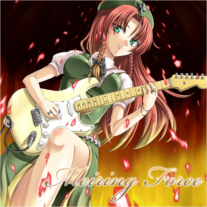 mochi.f, hong meiling, touhou, bad id, bad pixiv id, 1girl, braid, breasts, china dress, chinese clothes, dress, electric guitar, female focus, fender stratocaster, gradient background, green eyes, guitar, instrument, red hair, solo, twin braids