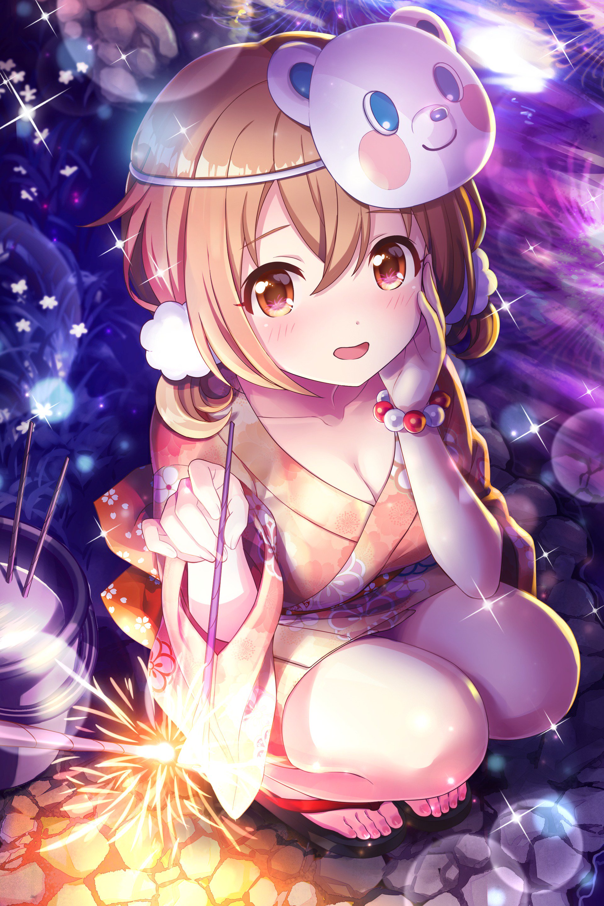 momoi hina, alternative girls, absurdres, commentary request, highres, official art, second-party source, 1girl, aerial fireworks, bead bracelet, beads, black sandals, blush, bracelet, breasts, brown eyes, brown hair, cleavage, collarbone, fireworks, floral print, floral print kimono, from above, hair ornament, hair scrunchie, hand on own cheek, hand on own face, holding, holding fireworks, japanese clothes, jewelry, kimono, large breasts, lens flare, looking at viewer, mask, mask on head, night, open mouth, orange kimono, outdoors, panda mask, print kimono, reflection, reflective water, river, sandals, scrunchie, short hair, short twintails, smile, solo, sparkle, sparkler, squatting, twintails, white scrunchie, yukata