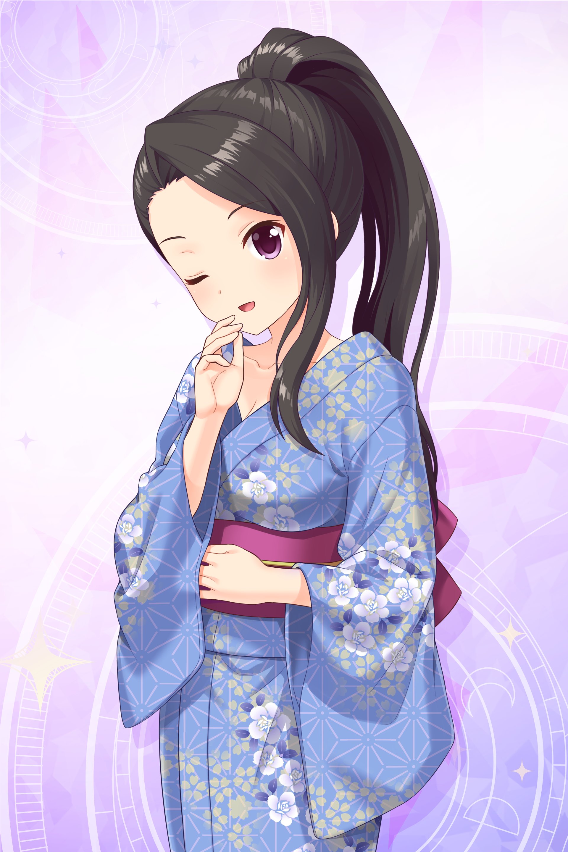 saionji rei, alternative girls, absurdres, commentary request, highres, official art, second-party source, 1girl, black hair, blue kimono, breasts, cleavage, collarbone, cowboy shot, dot nose, floral print, floral print kimono, forehead, hand on own chin, hand on own stomach, high ponytail, japanese clothes, kimono, long hair, medium breasts, obi, one eye closed, open mouth, ponytail, print kimono, purple background, purple eyes, purple sash, sash, sidelocks, smile, solo, yukata
