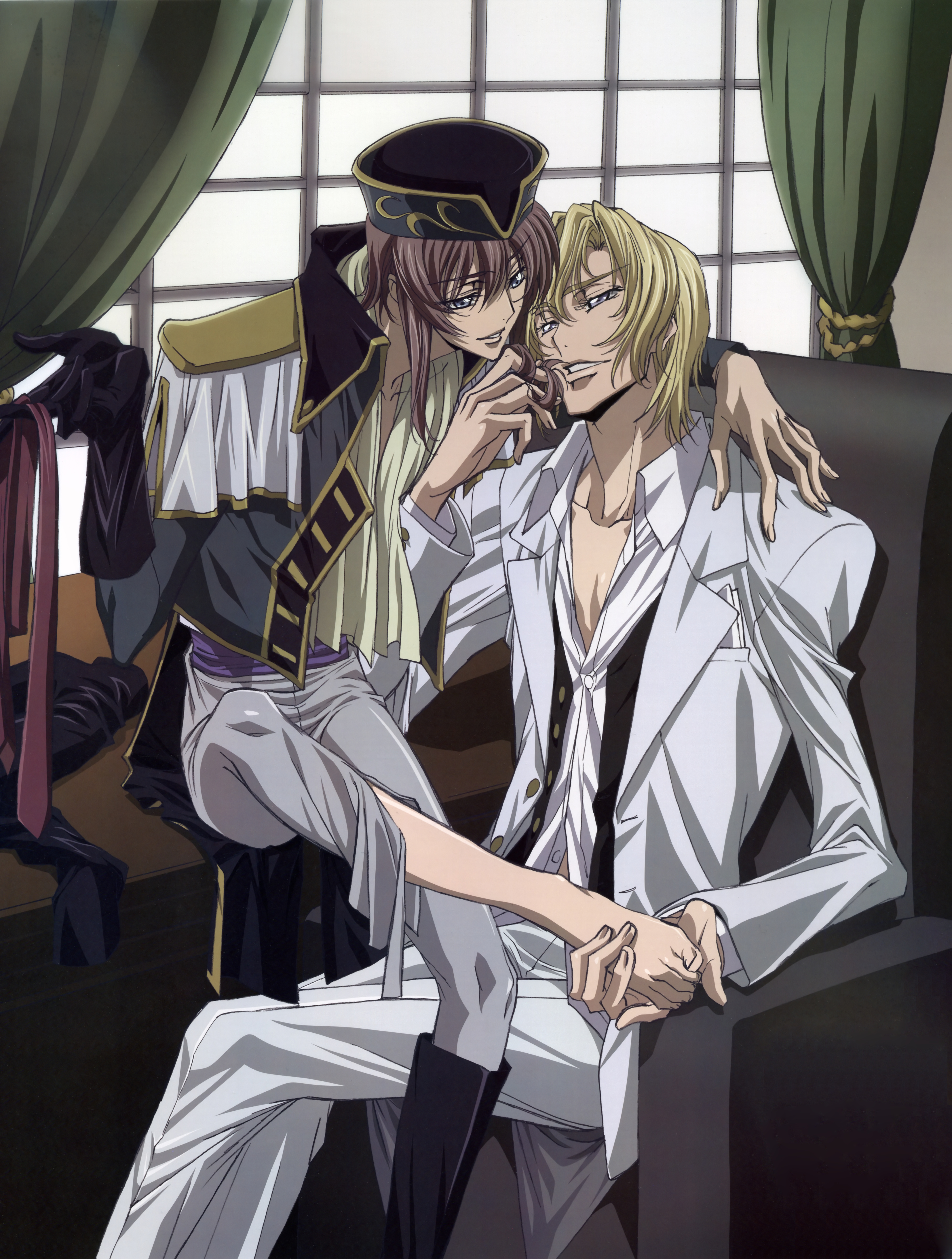 sakou yukie, kannon maldini, kanon maldini, schneizel el britannia, code geass, absurdres, highres, official art, 00s, 2boys, barefoot, blonde hair, blue eyes, boots, chair, curtains, eye contact, feet, foot worship, formal clothes, gloves, hat, holding with feet, looking at another, male focus, military, military uniform, multiple boys, necktie, pink hair, ruffling hair, scarf, short hair, single glove, sitting, smile, suit, window, yaoi