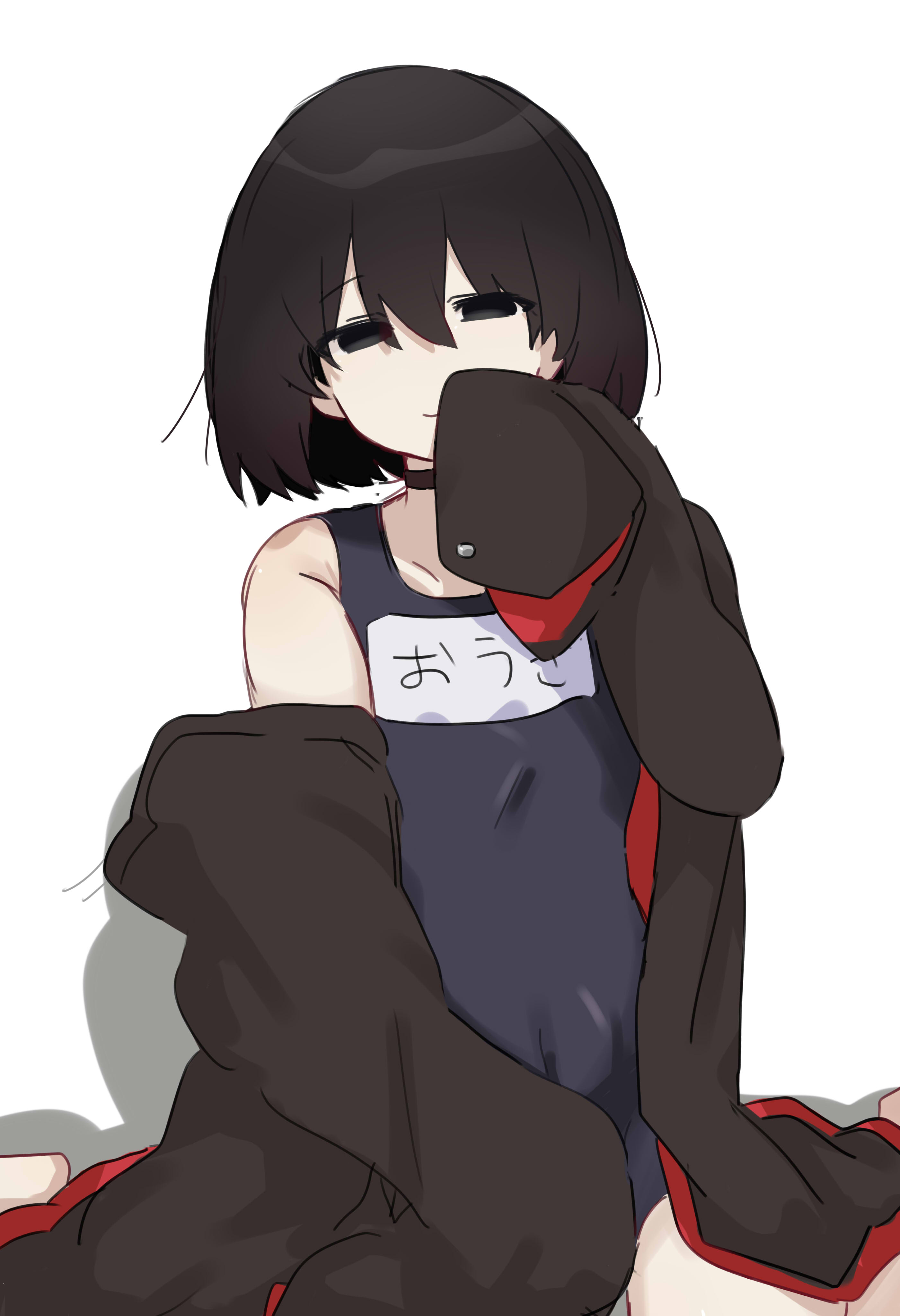 tsugumi (tgm 615486), oshino ougi, monogatari (series), absurdres, commentary, highres, translated, 1girl, barefoot, black choker, black eyes, black hair, black jacket, blue one-piece swimsuit, bob cut, borrowed clothes, character name, choker, closed mouth, covered navel, covering own mouth, empty eyes, flat chest, gakuran, hair between eyes, hand to own mouth, hand up, jacket, jacket over swimsuit, light smile, loose hair strand, naoetsu high school uniform, narrowed eyes, new school swimsuit, off shoulder, on ground, one-piece swimsuit, open clothes, open jacket, oversized clothes, red trim, school swimsuit, school uniform, shadow, short hair, simple background, sitting, sketch, sleeves past fingers, sleeves past wrists, smile, solo, swimsuit, very long sleeves, wariza, white background