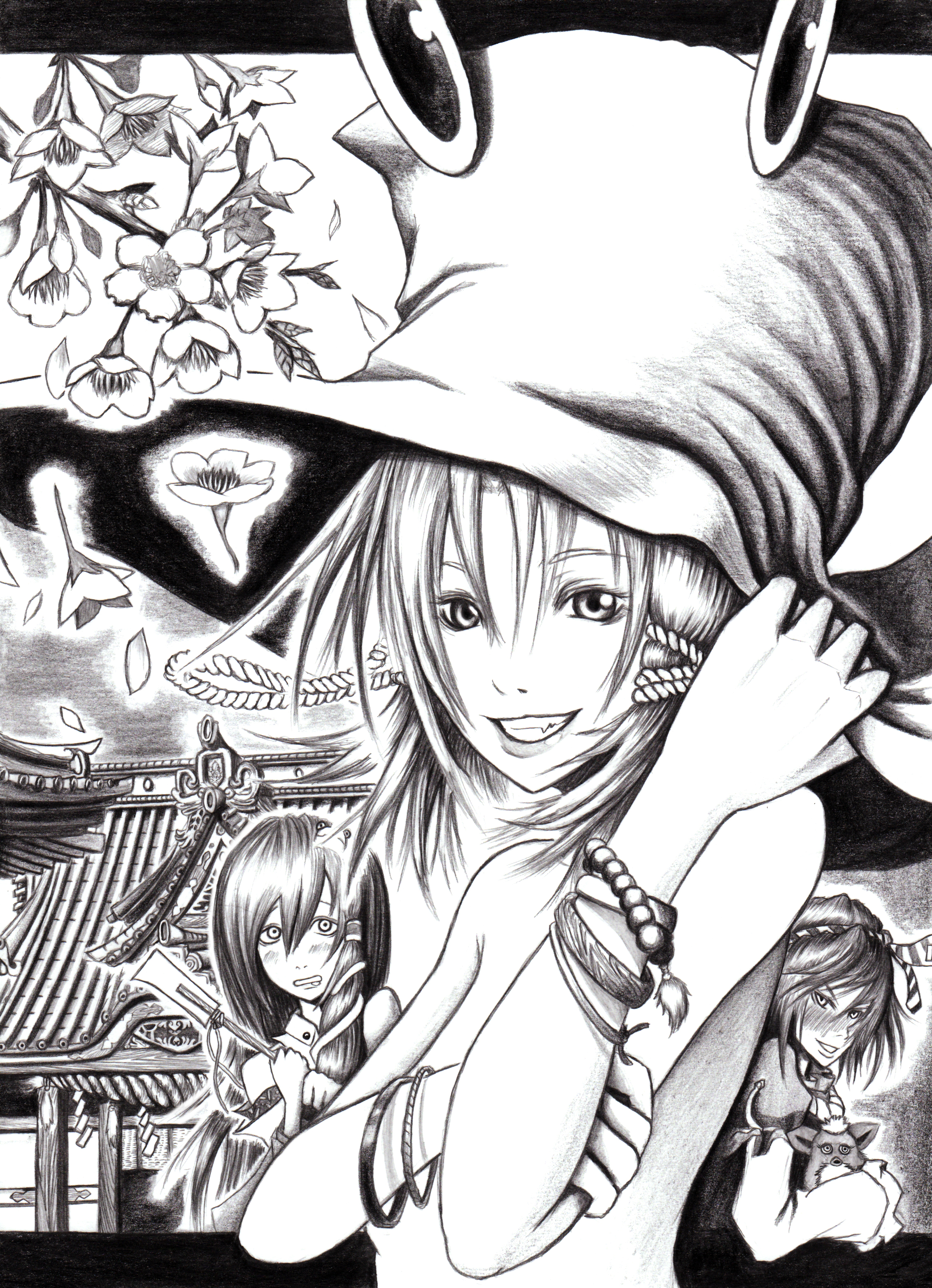 hane (azelye), hane (pixiv72147), furby, kochiya sanae, moriya suwako, yasaka kanako, touhou, absurdres, bad id, bad pixiv id, graphite (medium), highres, traditional media, 3girls, blush, female focus, flower, greyscale, hat, monochrome, multiple girls, plant, shrine, topless female, upper body