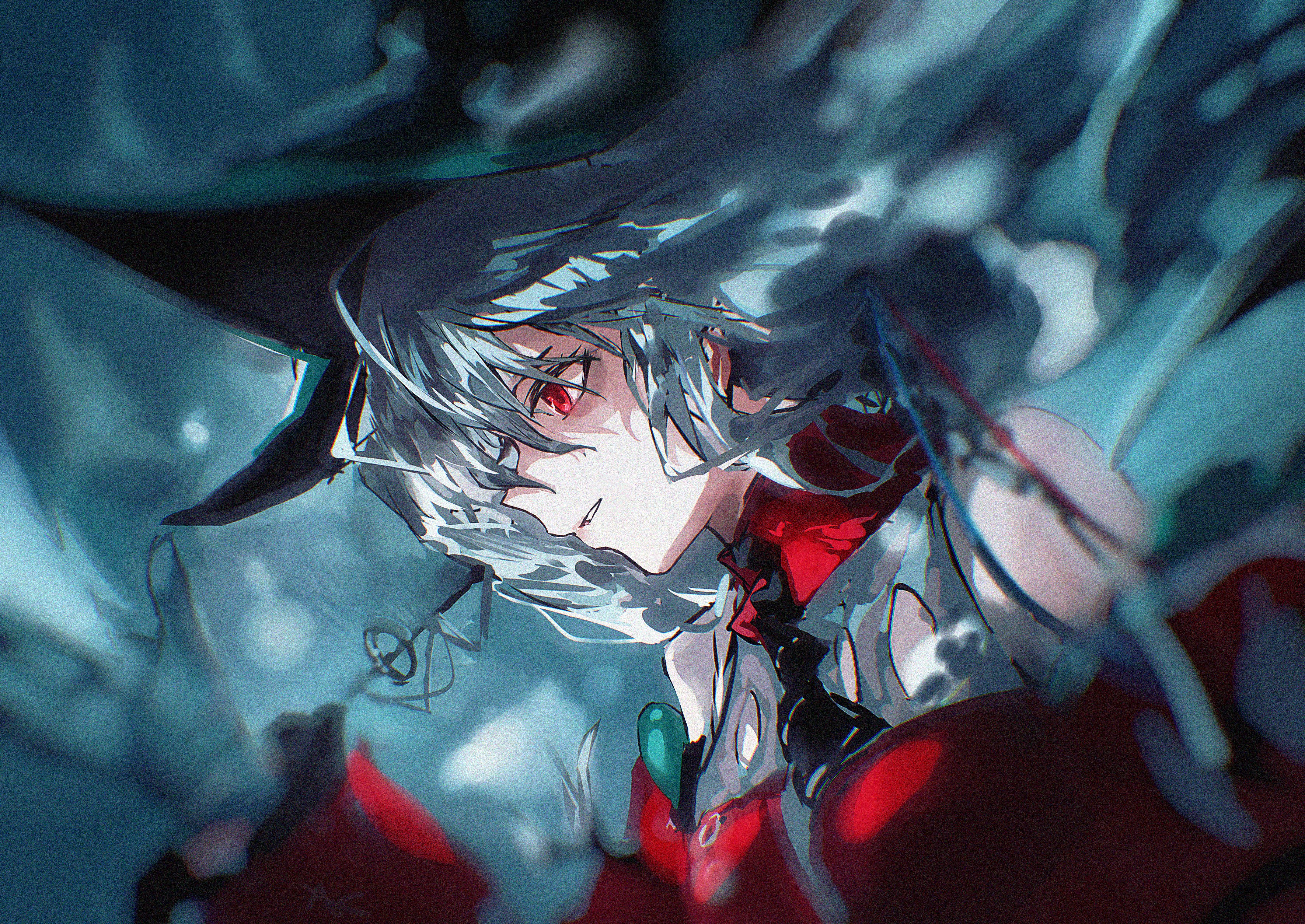 sudadachi, skadi (arknights), skadi the corrupting heart (arknights), arknights, absurdres, highres, 1girl, angelfish, aqua gloves, aqua hat, ascot, bare shoulders, black ascot, blurry edges, breasts, detached sleeves, dress, film grain, fish, floating hair, gloves, grey hair, hair between eyes, hair ribbon, hat, long hair, long sleeves, medium breasts, off-shoulder dress, off shoulder, official alternate costume, parted lips, profile, red dress, red eyes, red sleeves, ribbon, solo, tropical fish, upper body, very long hair