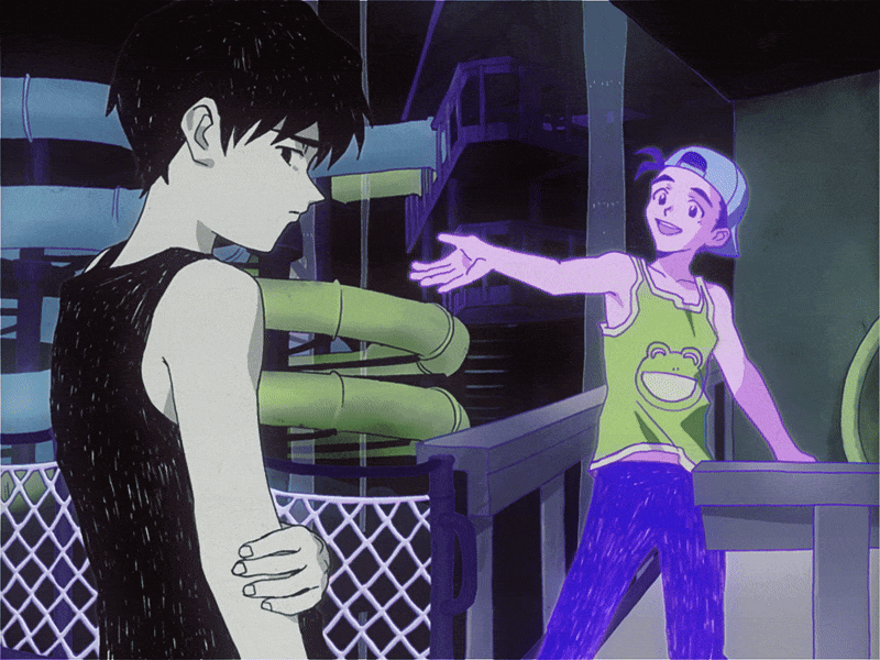 sapgoon, omori (omori), omori, animated, animated gif, character request, commission, copyright request, 1990s (style), 2boys, backwards hat, baseball cap, black eyes, black hair, black tank top, blue hat, closed mouth, collarbone, colored skin, green tank top, hat, looking at another, looking at viewer, male focus, multiple boys, open mouth, pants, purple eyes, purple hair, purple pants, retro artstyle, short hair, smile, tank top, teeth, tongue, upper teeth only, water, white skin