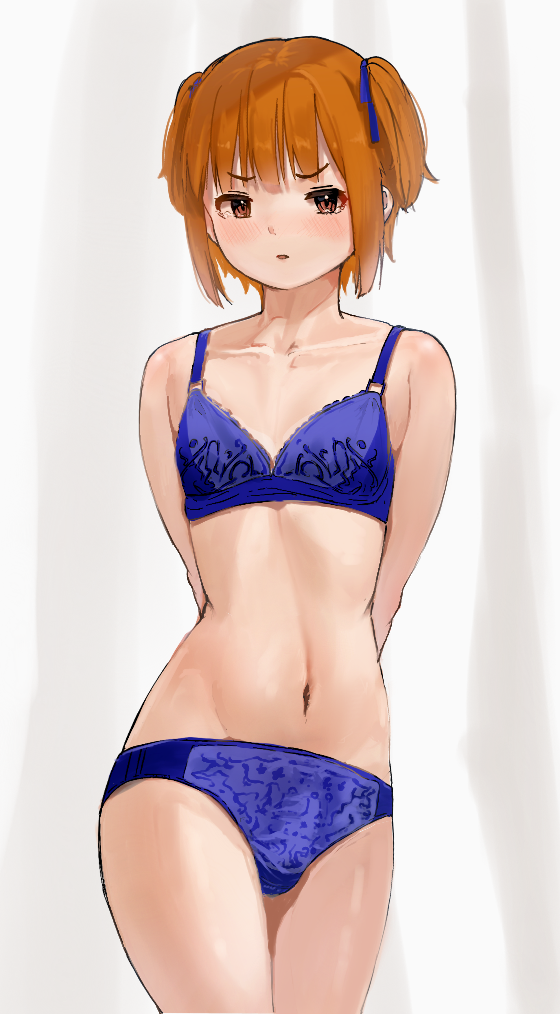 omochi art753, absurdres, highres, 1boy, 50-nin craft, arms behind back, bare arms, bare shoulders, blue bra, blue panties, blue ribbon, blunt bangs, blush, bra, bulge, collarbone, crossdressing, crossdressing (mtf), curtains, furrowed brow, groin, hair ribbon, indoors, legs together, linea alba, looking at viewer, male focus, navel, orange eyes, orange hair, panties, parted lips, ribbon, short hair, sidelocks, solo, standing, stomach, straight hair, tearing up, thighs, trap, two side up, underwear, underwear only, wadrud (youtuber)