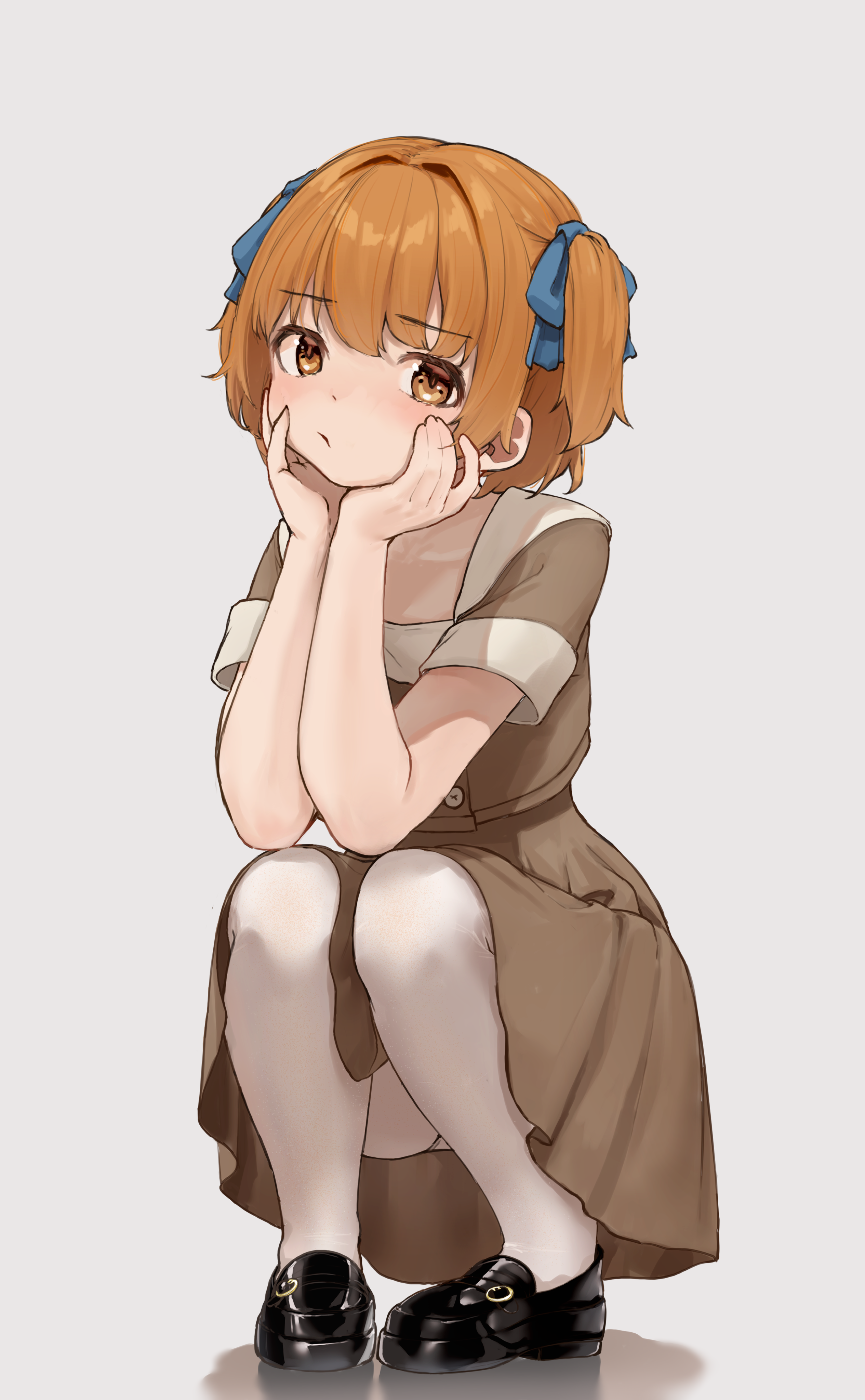 omochi art753, absurdres, highres, 1boy, 50-nin craft, black shoes, blue ribbon, blunt bangs, blush, brown dress, brown jacket, buttons, closed mouth, collarbone, cropped jacket, crossdressing, crossdressing (mtf), dress, elbow rest, furrowed brow, hair intakes, hair ribbon, hand on own cheek, hand on own face, hands on own cheeks, hands on own chin, hands on own face, head rest, head tilt, jacket, legs together, loafers, looking at viewer, male focus, orange eyes, orange hair, panties, panty peek, pigeon-toed, pout, ribbon, shirt, shoes, short-sleeved jacket, short hair, short sleeves, sidelocks, simple background, solo, square neckline, squatting, straight hair, thigh peek, thighhighs, trap, two side up, underwear, wadrud (youtuber), white panties, white thighhighs