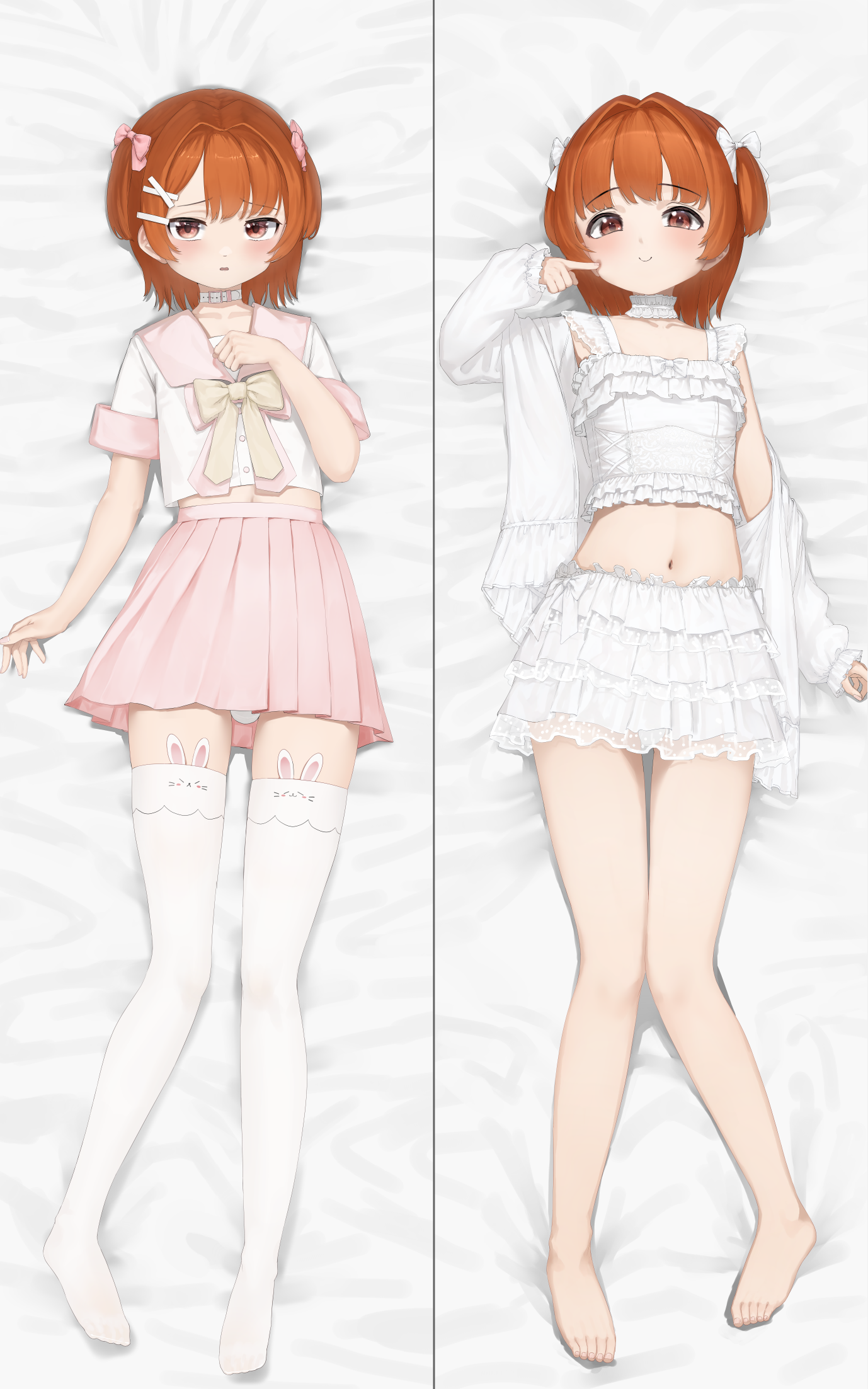omochi art753, highres, 1boy, 50-nin craft, animal ear legwear, animal ears, arm at side, bare legs, barefoot, belt collar, bikini, blunt bangs, blush, bow, bulge, buttons, chest bow, choker, collar, collarbone, cross-laced bikini, cross-laced clothes, cross hair ornament, crossdressing, crossdressing (mtf), curled fingers, dakimakura (medium), finger to cheek, frilled bikini, frilled choker, frilled jacket, frilled sleeves, frills, hair bow, hair intakes, hair ornament, hairclip, hand on own chest, hand up, hood, hooded jacket, jacket, knees together feet apart, linea alba, looking at viewer, lying, male focus, midriff, midriff peek, miniskirt, multiple views, navel, off-shoulder jacket, off shoulder, on back, orange eyes, orange hair, panties, parted bangs, parted lips, pink bow, pink sailor collar, pink skirt, pink sleeves, pleated skirt, rabbit ears, raised inner eyebrows, ribbon-trimmed bikini, ribbon trim, sailor collar, school uniform, serafuku, short hair, short sleeves, shy, sidelocks, single off shoulder, skirt, smile, solo, straight hair, swimsuit, thighhighs, thighs, trap, two side up, underwear, wadrud (youtuber), white bikini, white bow, white choker, white jacket, white panties, white serafuku, white thighhighs, yellow bow, zettai ryouiki