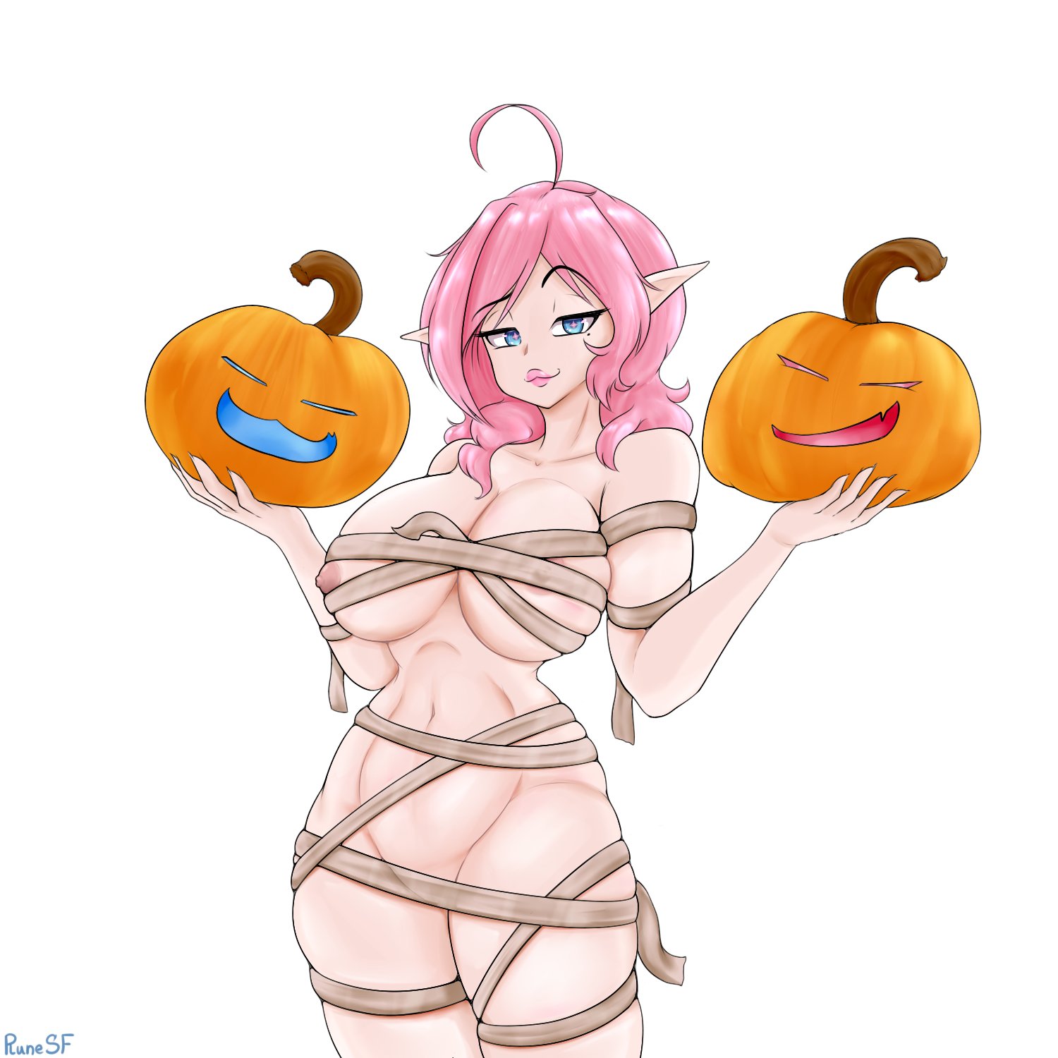 hr chan, socks agency, highres, 1girl, bandages, looking at viewer, pointy ears, pumpkin