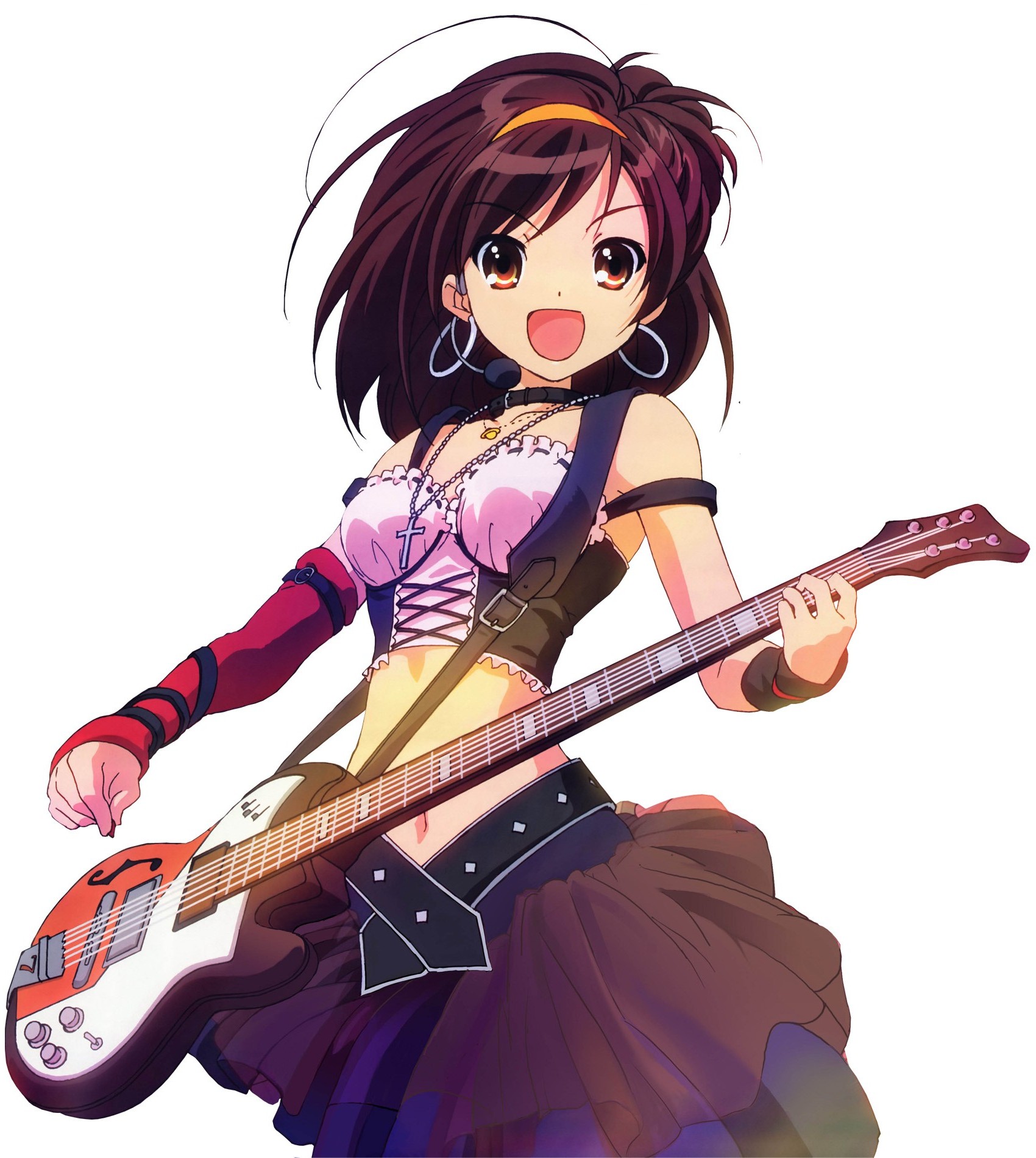 suzumiya haruhi, suzumiya haruhi no yuuutsu, highres, non-web source, 00s, bare shoulders, brown eyes, brown hair, earrings, guitar, hairband, hoop earrings, instrument, jewelry, microphone, midriff, navel, necklace, simple background, skirt, smile, solo, standing, yellow eyes