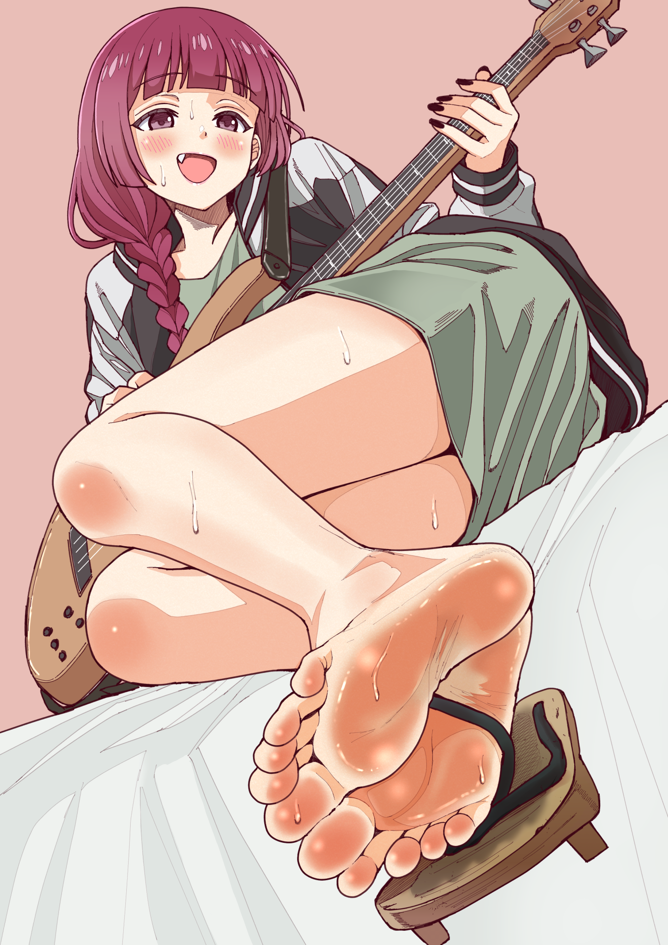 asikoma7777, hiroi kikuri, bocchi the rock!, highres, large variant set, variant set, 1girl, arched back, bare legs, barefoot, bed sheet, black nails, blush, braid, braided ponytail, dress, fang, feet, foot focus, footprints, full body, geta, green dress, guitar, hair over shoulder, holding, instrument, jacket, legs, looking at viewer, open clothes, open jacket, open mouth, pink background, purple eyes, purple hair, sandals, short dress, single sandal, soles, solo, sweat, toes