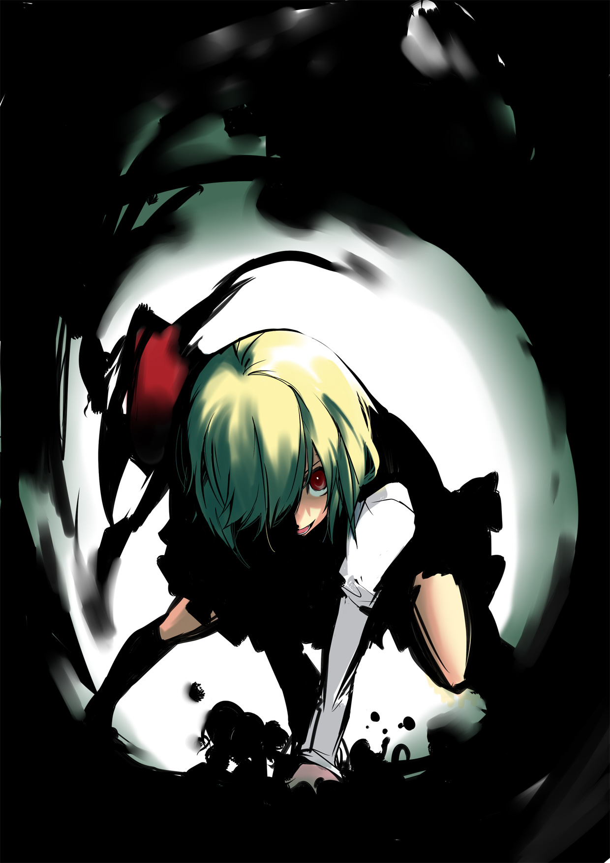 gintarou (kurousagi108), rumia, embodiment of scarlet devil, touhou, highres, 1girl, bent over, blonde hair, dark, darkness, female focus, hair over one eye, red eyes, ribbon, solo