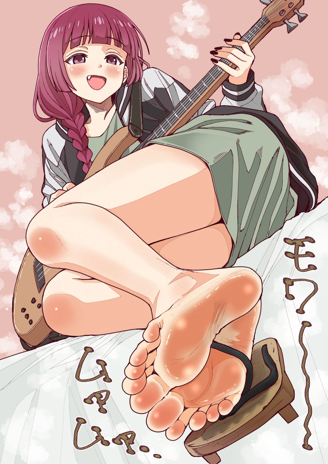 asikoma7777, hiroi kikuri, bocchi the rock!, highres, large variant set, variant set, 1girl, arched back, bare legs, barefoot, bed sheet, black nails, blush, braid, braided ponytail, dress, fang, feet, foot focus, footprints, full body, geta, green dress, guitar, hair over shoulder, holding, instrument, jacket, legs, looking at viewer, open clothes, open jacket, open mouth, pink background, purple eyes, purple hair, sandals, short dress, single sandal, smell, soles, solo, sound effects, steaming body, toes