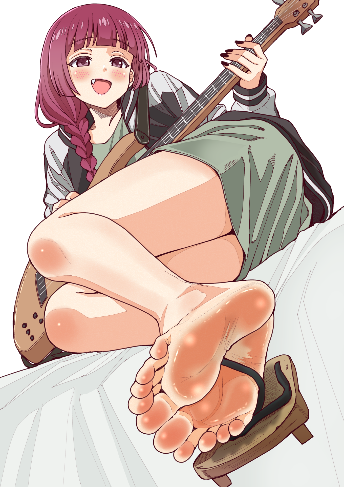 asikoma7777, hiroi kikuri, bocchi the rock!, highres, large variant set, variant set, 1girl, arched back, bare legs, barefoot, bed sheet, black nails, blush, braid, braided ponytail, dress, fang, feet, foot focus, footprints, full body, geta, green dress, guitar, hair over shoulder, holding, instrument, jacket, legs, looking at viewer, open clothes, open jacket, open mouth, purple eyes, purple hair, sandals, short dress, simple background, single sandal, smell, soles, solo, toes, white background