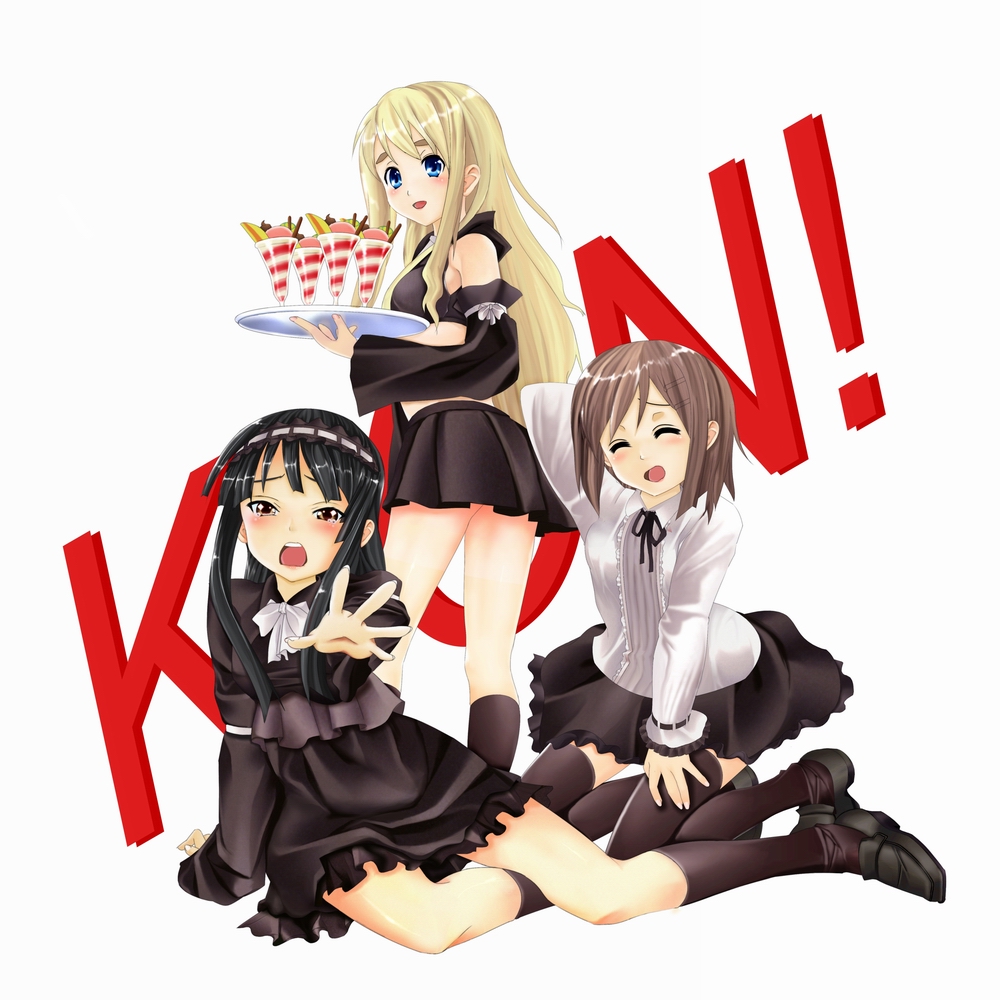 cruizer, akiyama mio, hirasawa yui, kotobuki tsumugi, k-on!, bad id, bad pixiv id, 00s, 3girls, black hair, blonde hair, blue eyes, blunt bangs, blush, brown eyes, brown hair, closed eyes, dress, food, gothic lolita, hairband, hime cut, kneehighs, lolita fashion, long hair, multiple girls, parfait, short hair, skirt, socks, tears, thighhighs, tray