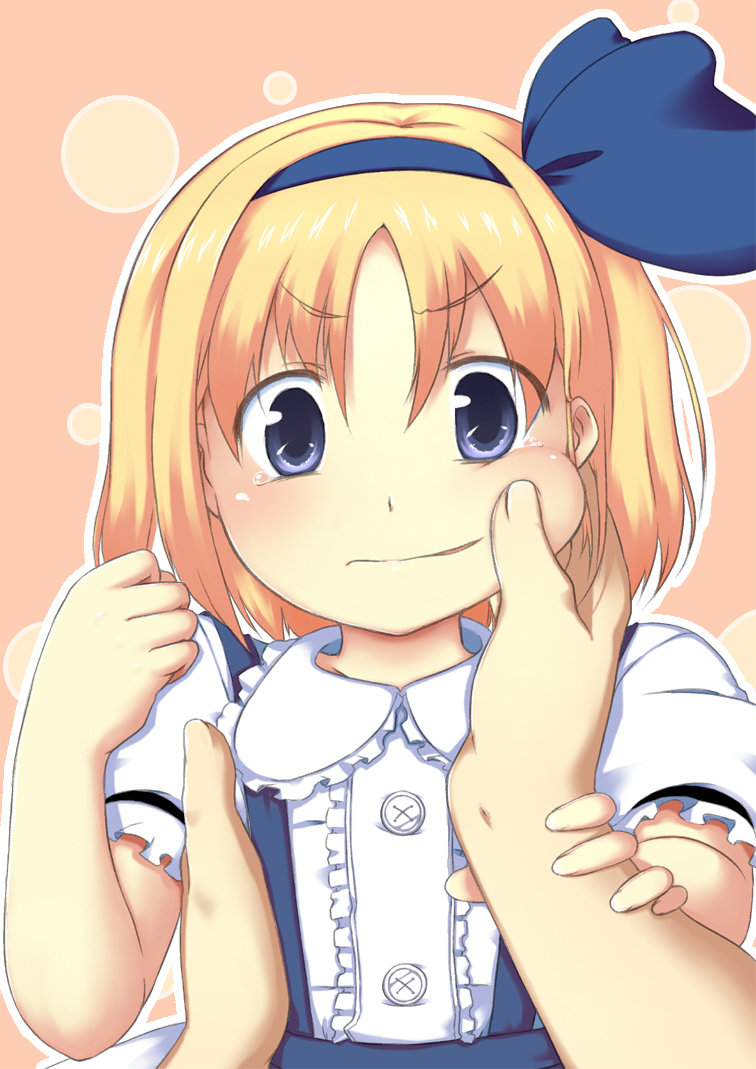 uro (urotanc), alice margatroid, alice margatroid (pc-98), mystic square, touhou, touhou (pc-98), 1girl, angry, blonde hair, blue eyes, cheek pinching, female focus, pinching, ribbon, solo, tears