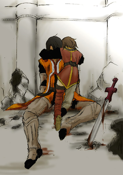 ameyuki, raven (tales), rita mordio, schwann oltorain, tales of (series), tales of vesperia, spoilers, 00s, 1boy, 1girl, armor, back, blood, boots, brown hair, hug, short hair, surcoat, sword, weapon